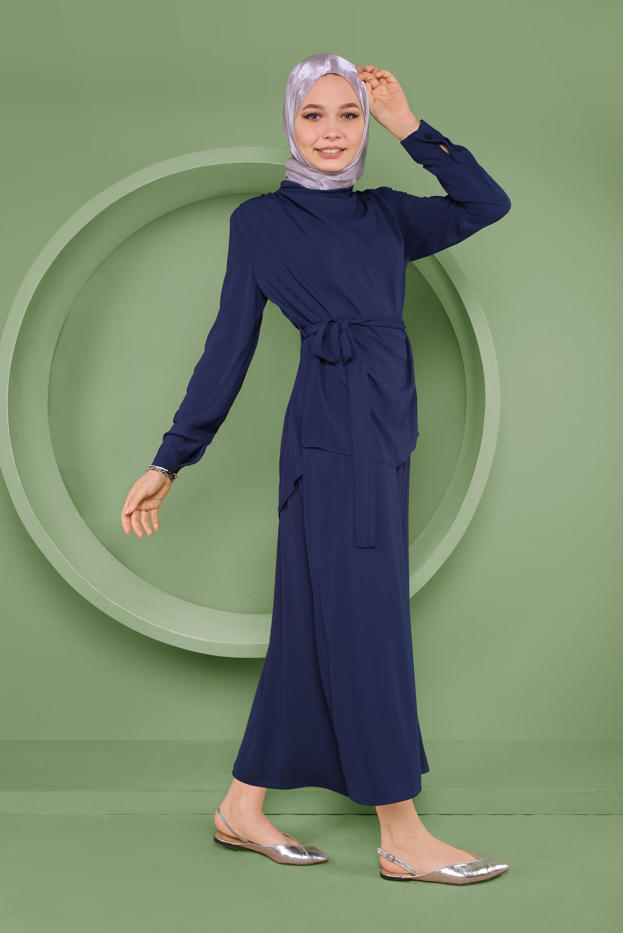 Tesettür giyim LACİVERT KUŞAKLI İKİLİ ETEKLİ TAKIM 41358