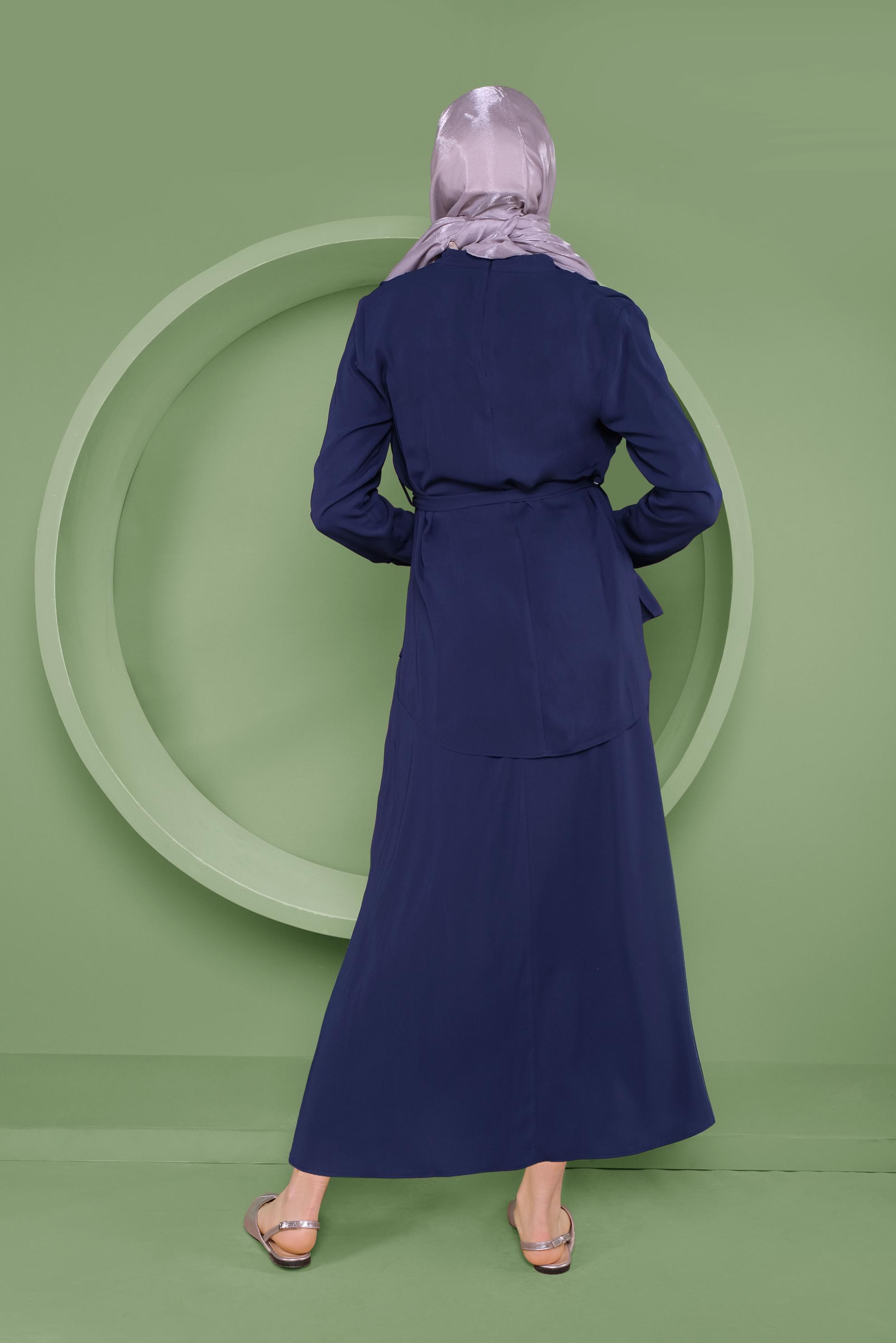 Tesettür giyim LACİVERT KUŞAKLI İKİLİ ETEKLİ TAKIM 41358