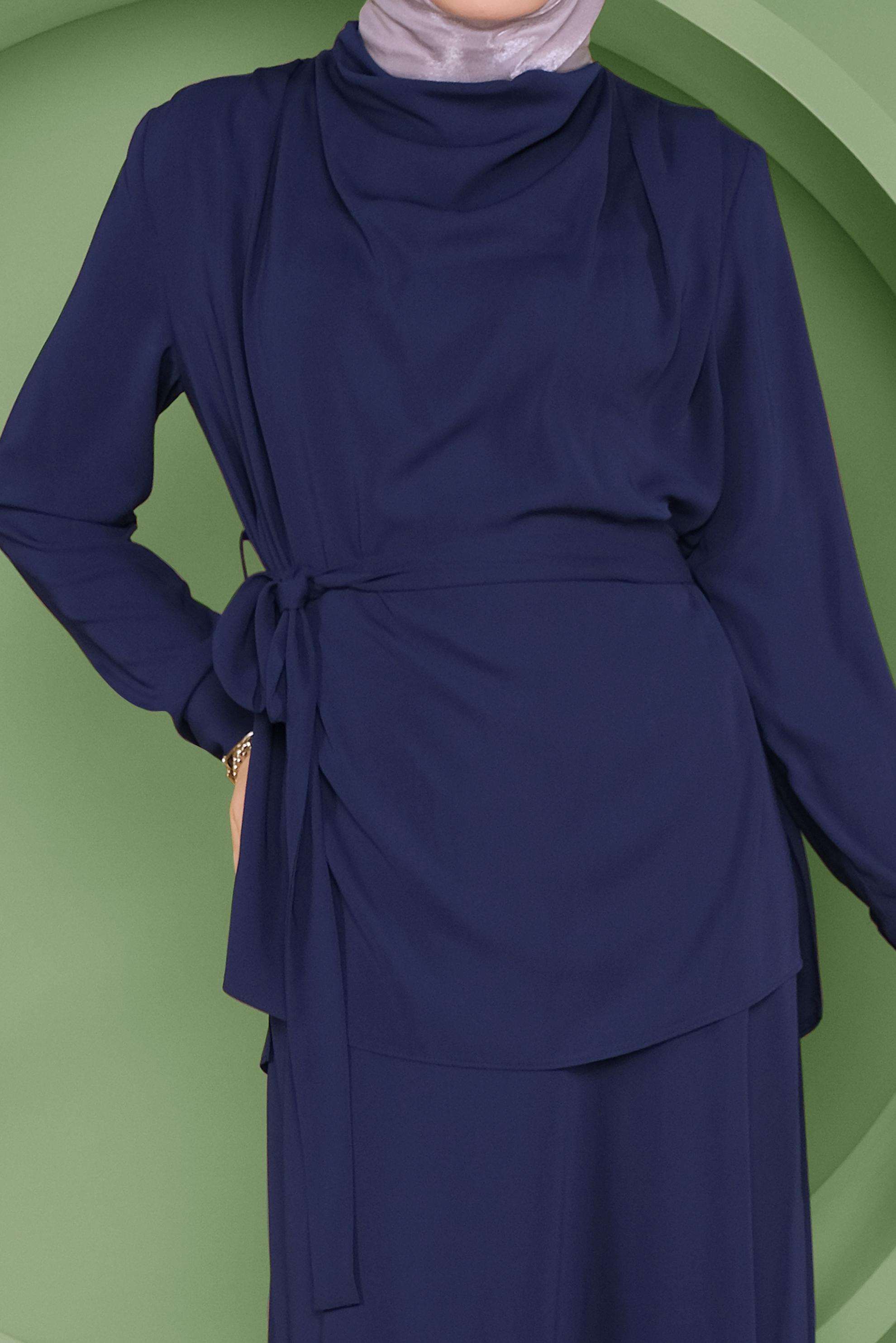 Tesettür giyim LACİVERT KUŞAKLI İKİLİ ETEKLİ TAKIM 41358