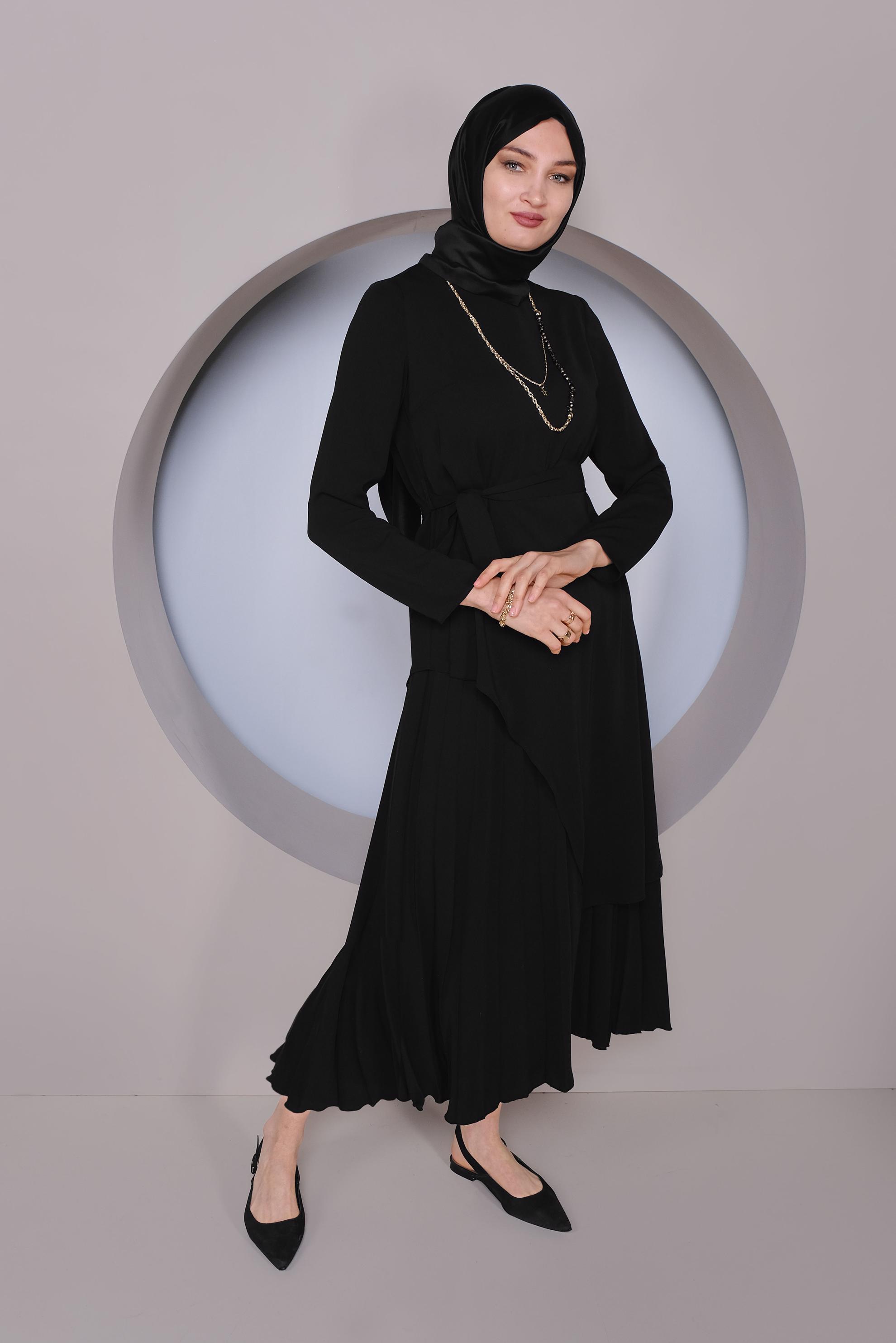 Tesettür giyim SİYAH ASİMETRİK KESİM İKİLİ ETEKLİ TAKIM 41374