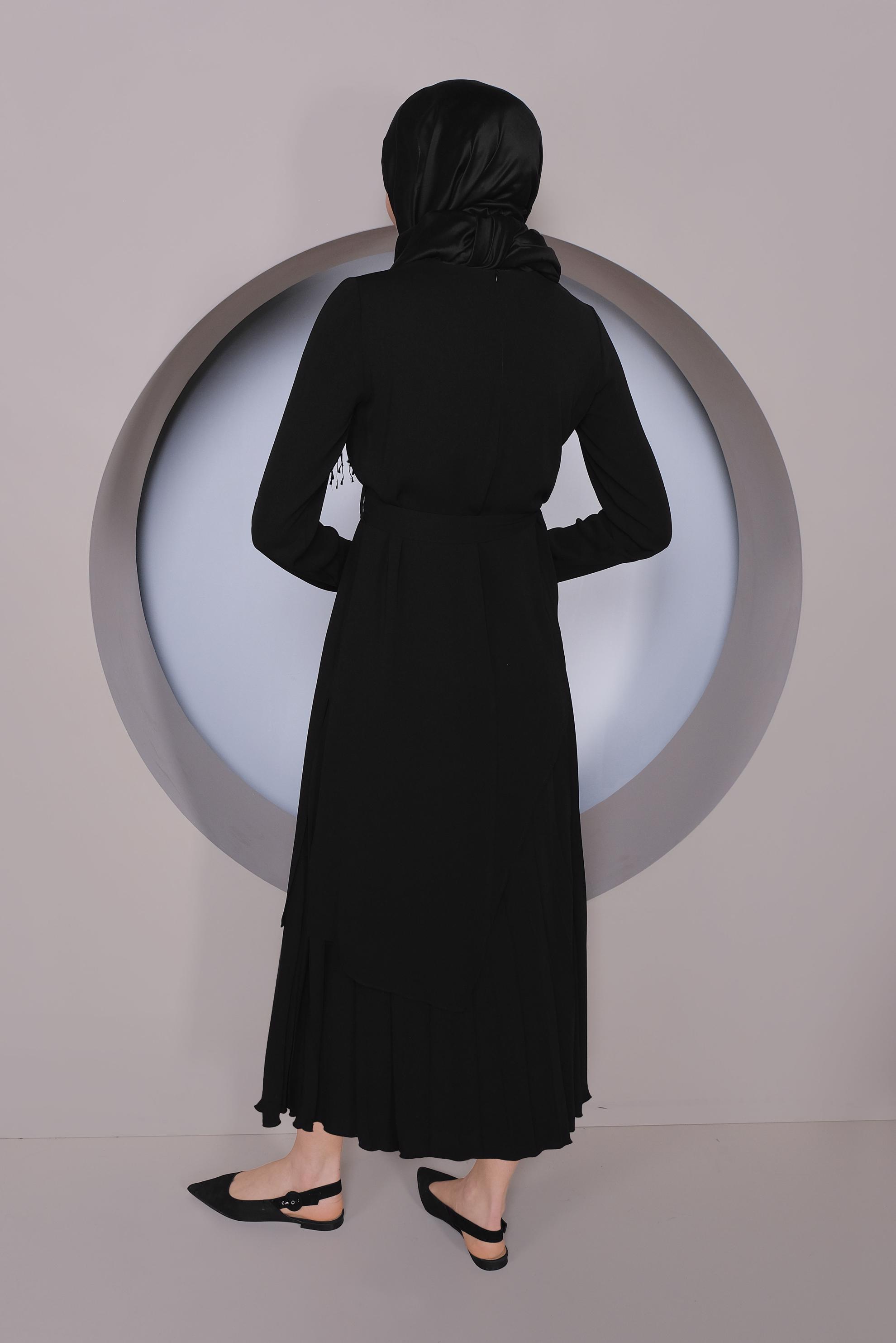 Tesettür giyim SİYAH ASİMETRİK KESİM İKİLİ ETEKLİ TAKIM 41374