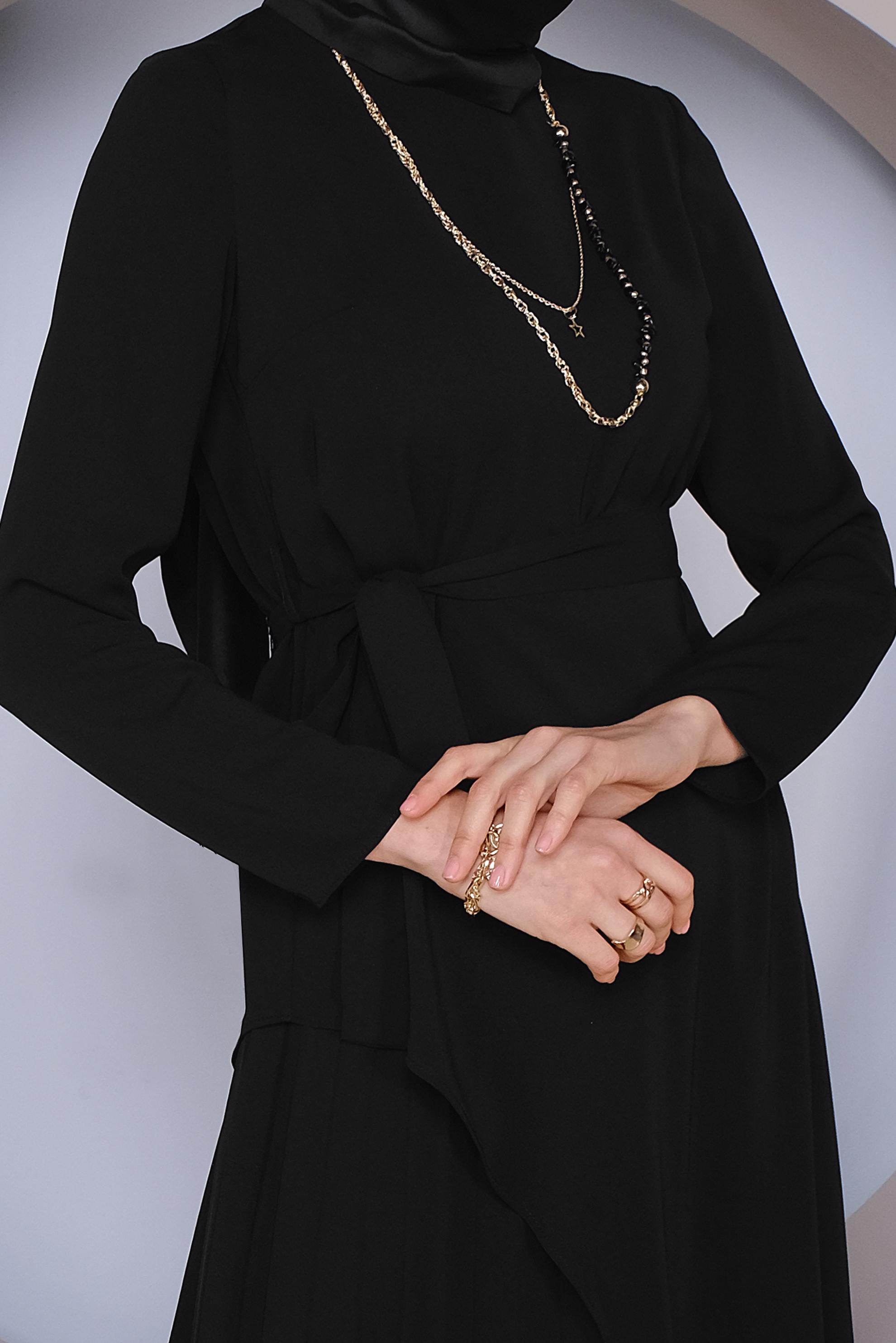 Tesettür giyim SİYAH ASİMETRİK KESİM İKİLİ ETEKLİ TAKIM 41374