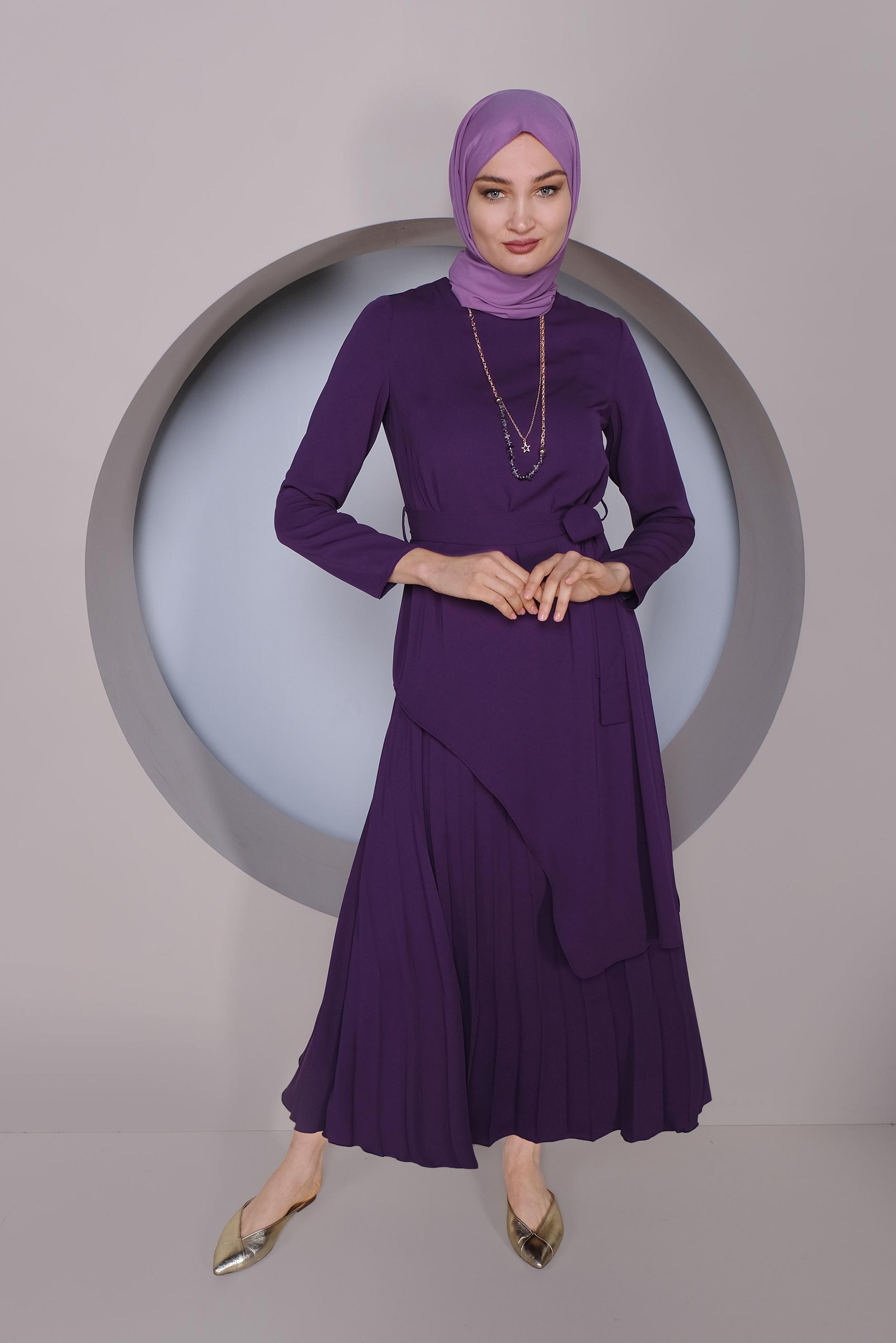 Tesettür giyim MOR ASİMETRİK KESİM İKİLİ ETEKLİ TAKIM 41374