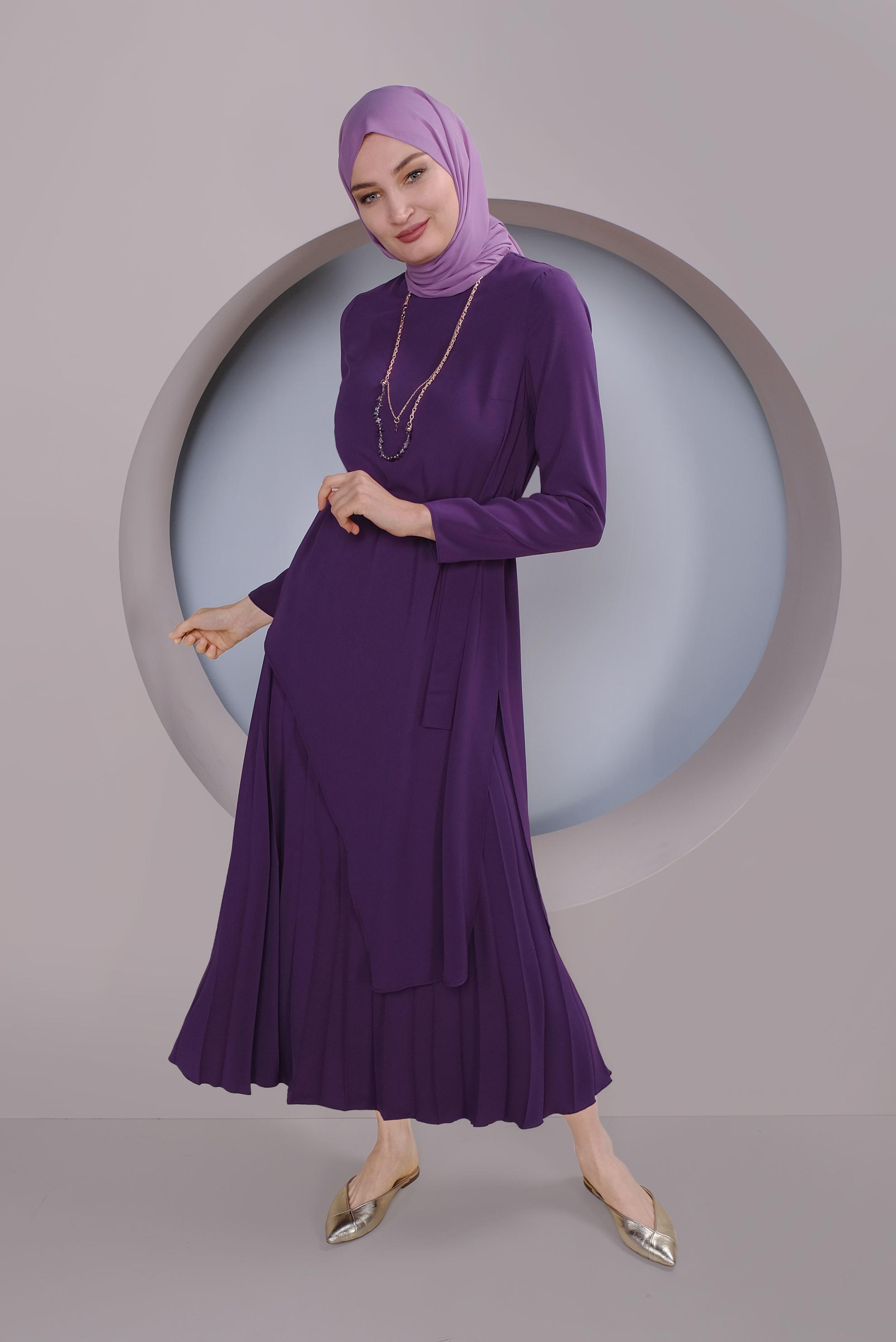 Tesettür giyim MOR ASİMETRİK KESİM İKİLİ ETEKLİ TAKIM 41374