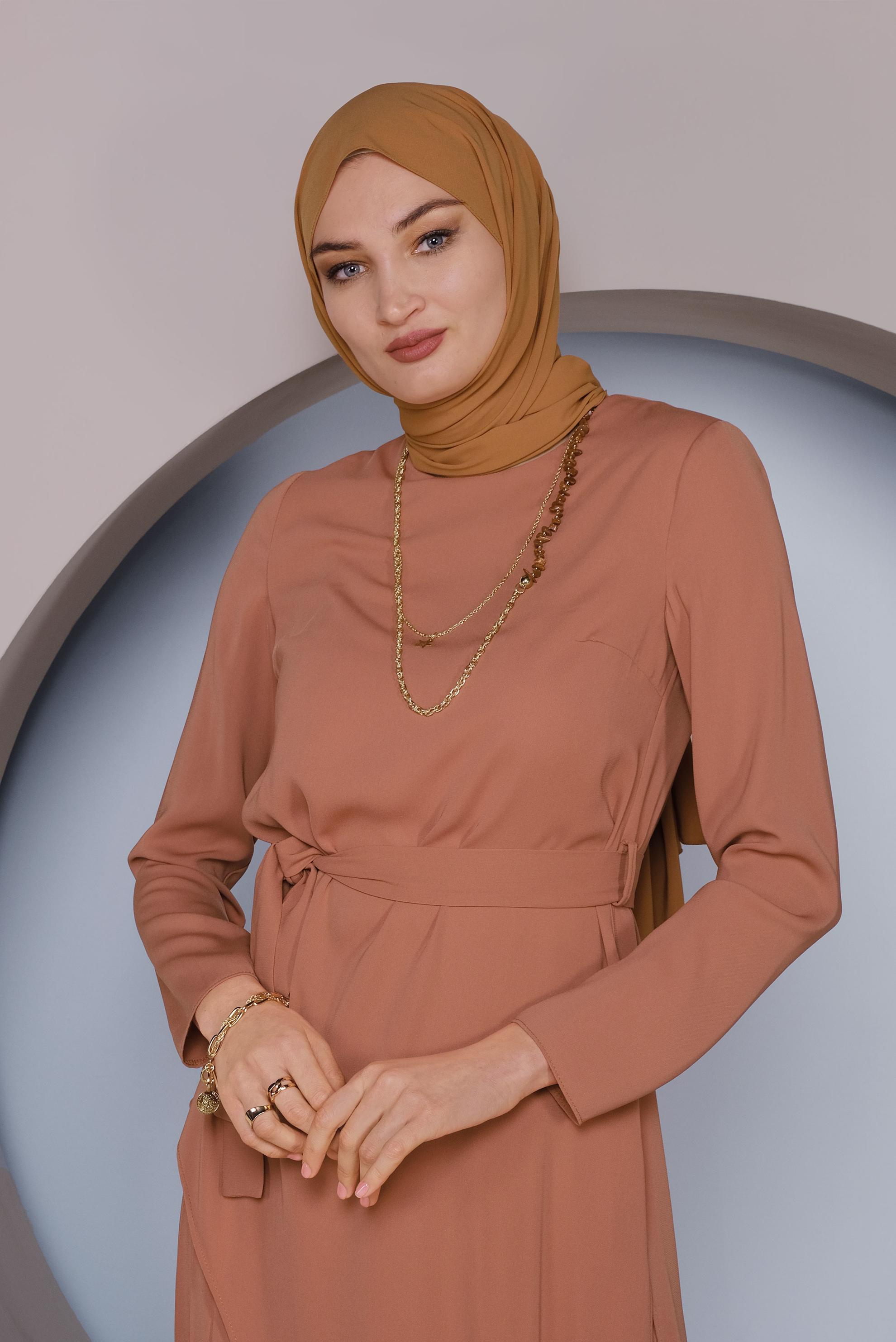 Tesettür giyim KAHVE ASİMETRİK KESİM İKİLİ ETEKLİ TAKIM 41374