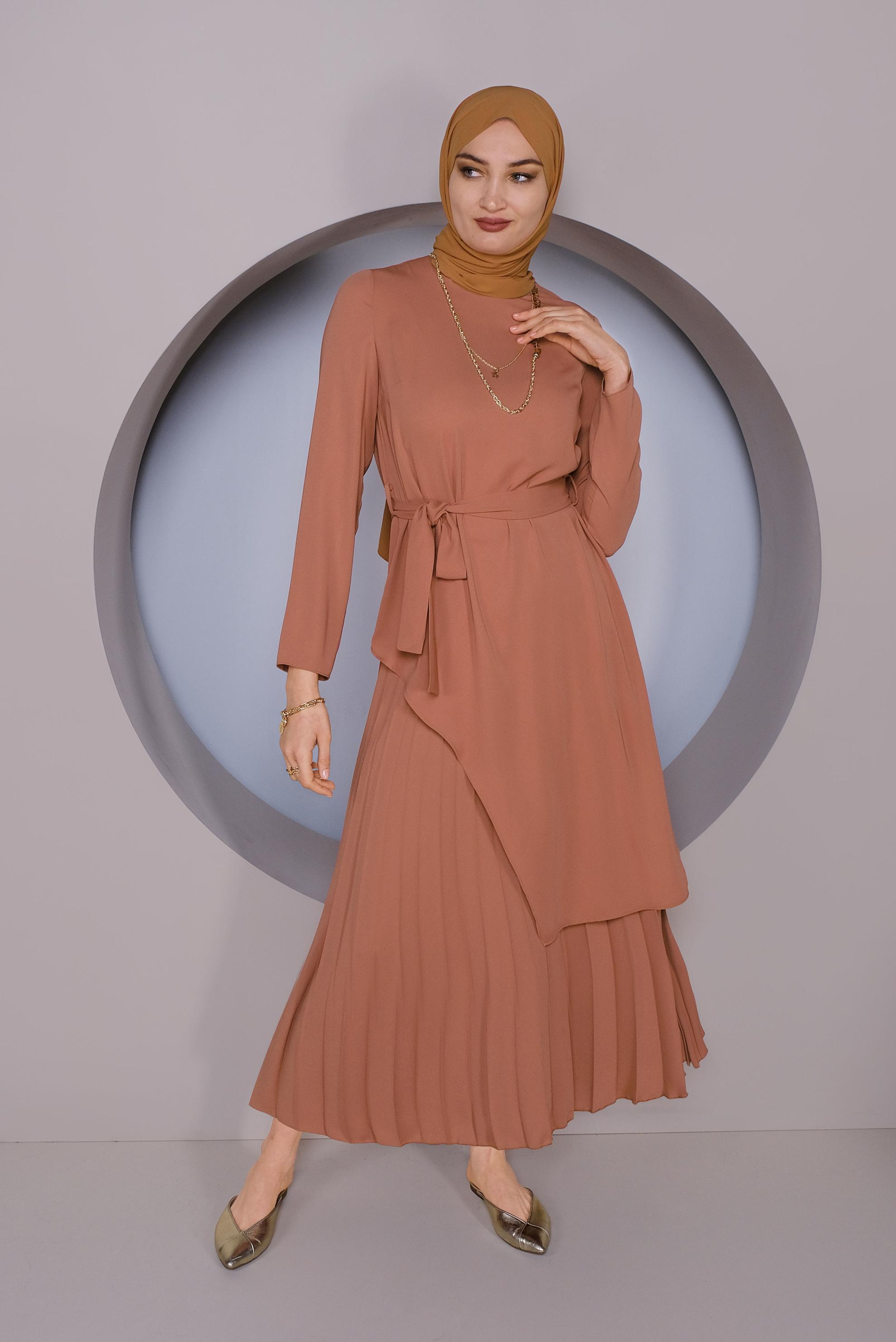 Tesettür giyim KAHVE ASİMETRİK KESİM İKİLİ ETEKLİ TAKIM 41374