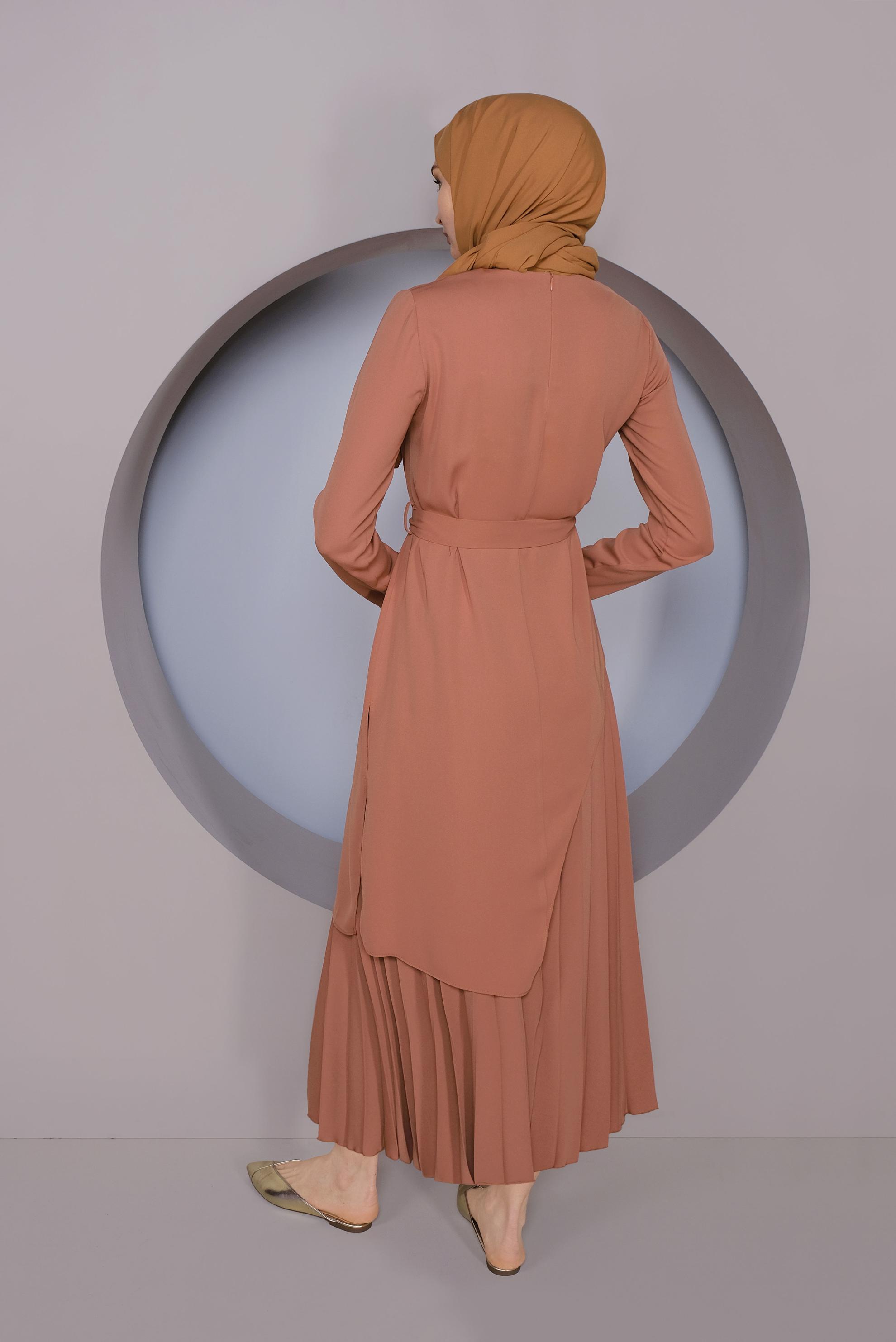 Tesettür giyim KAHVE ASİMETRİK KESİM İKİLİ ETEKLİ TAKIM 41374