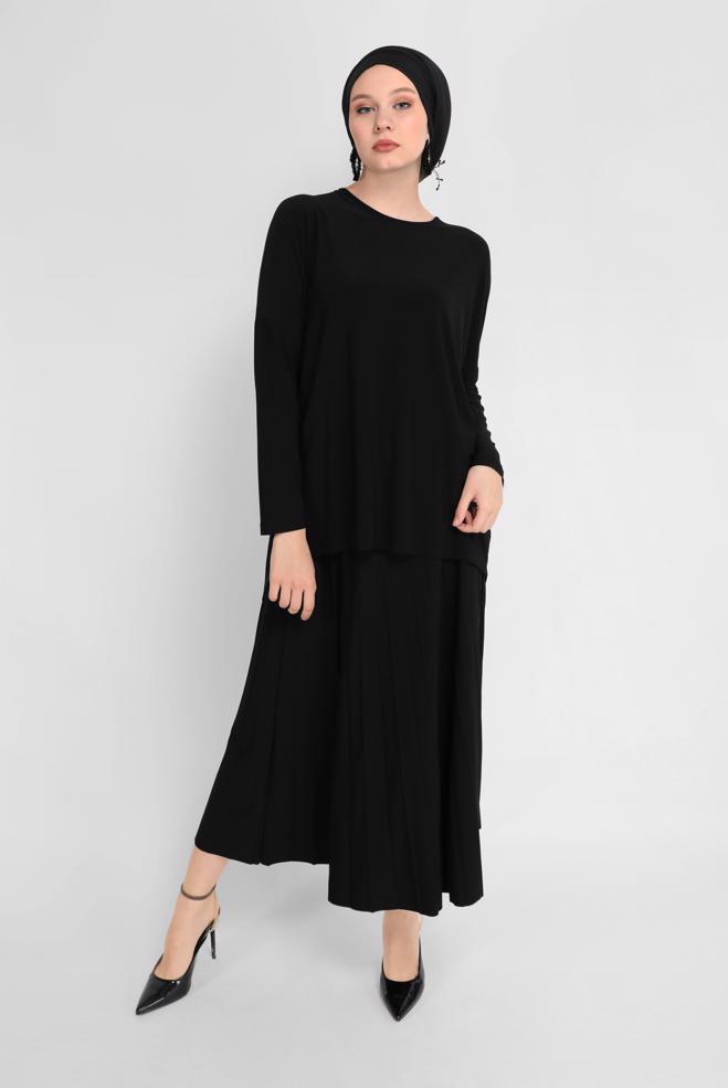 Tesettür giyim  ASİMETRİK KESİM İKİLİ ETEKLİ TAKIM 41392 - ALVİNA