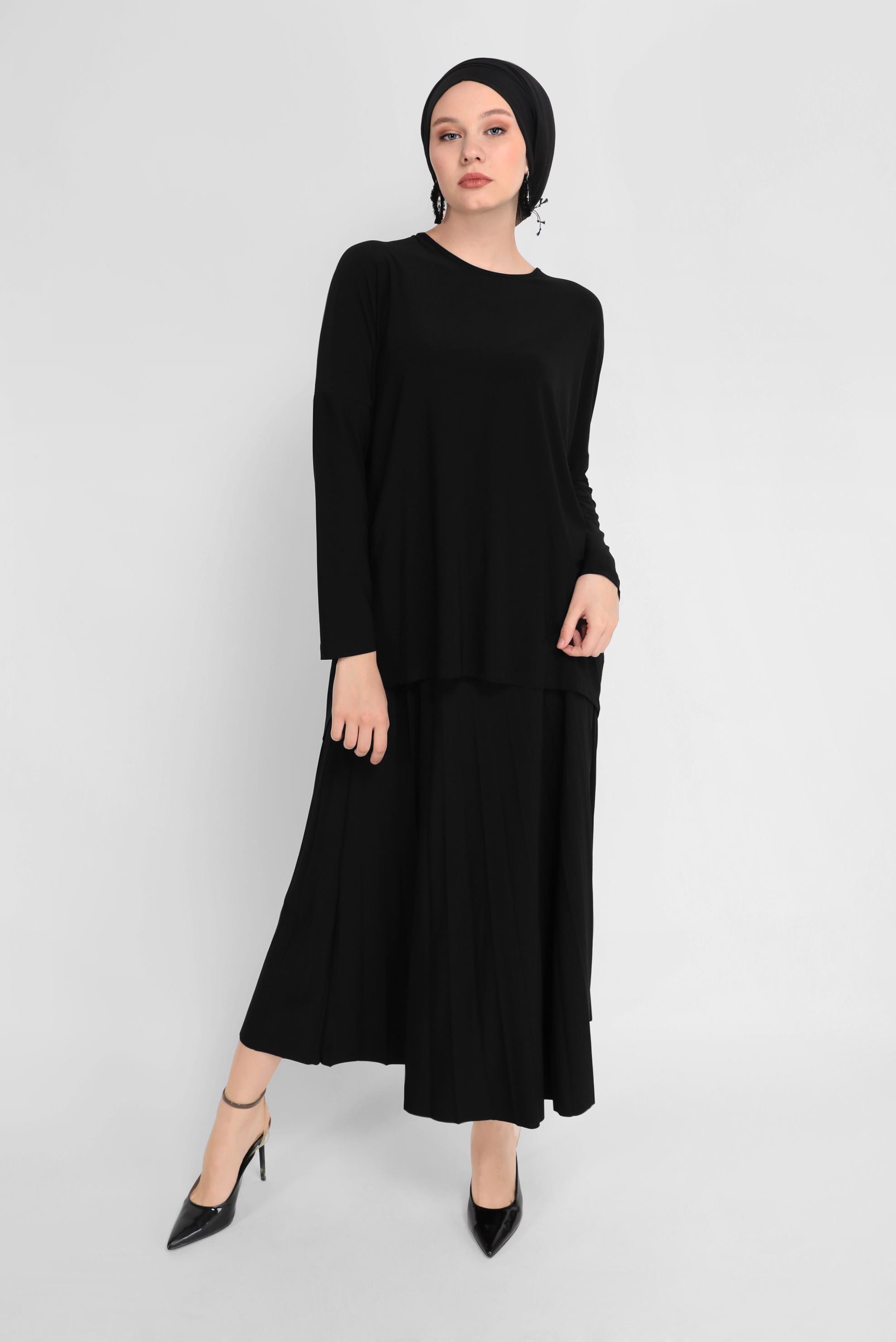 Tesettür giyim SİYAH ASİMETRİK KESİM İKİLİ ETEKLİ TAKIM 41392