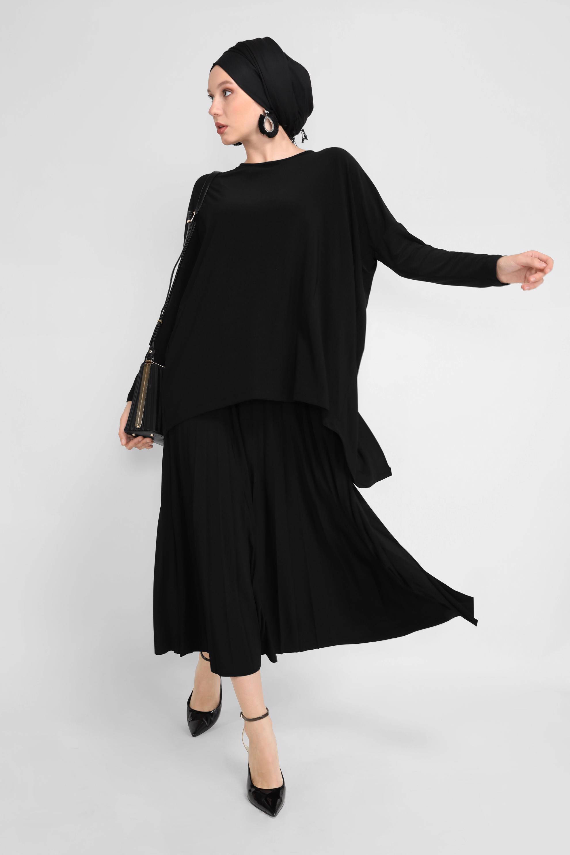 Tesettür giyim SİYAH ASİMETRİK KESİM İKİLİ ETEKLİ TAKIM 41392