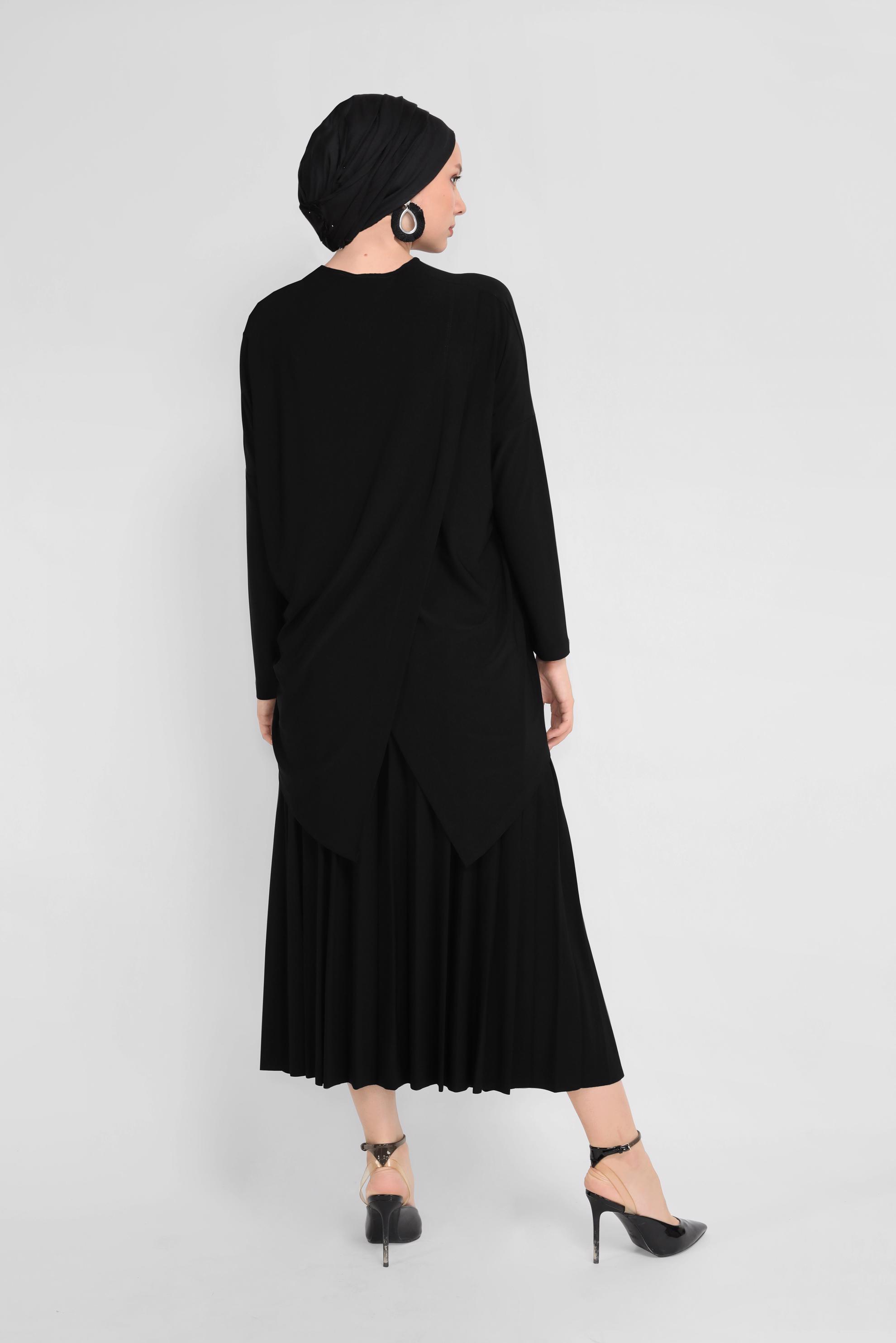 Tesettür giyim SİYAH ASİMETRİK KESİM İKİLİ ETEKLİ TAKIM 41392