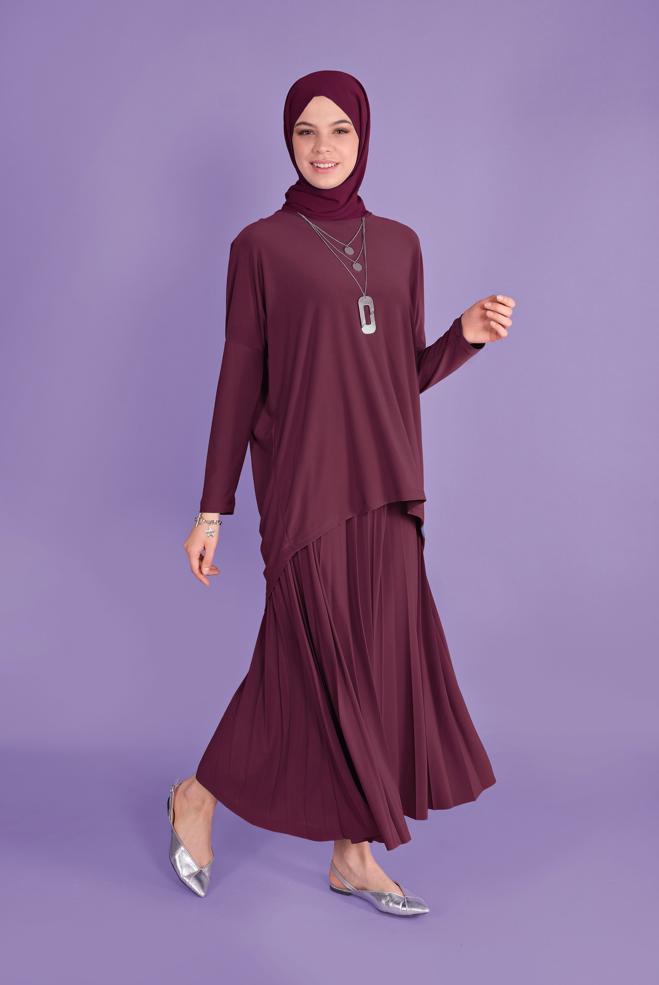 Tesettür giyim MOR ASİMETRİK KESİM İKİLİ ETEKLİ TAKIM 41392 - ALVİNA