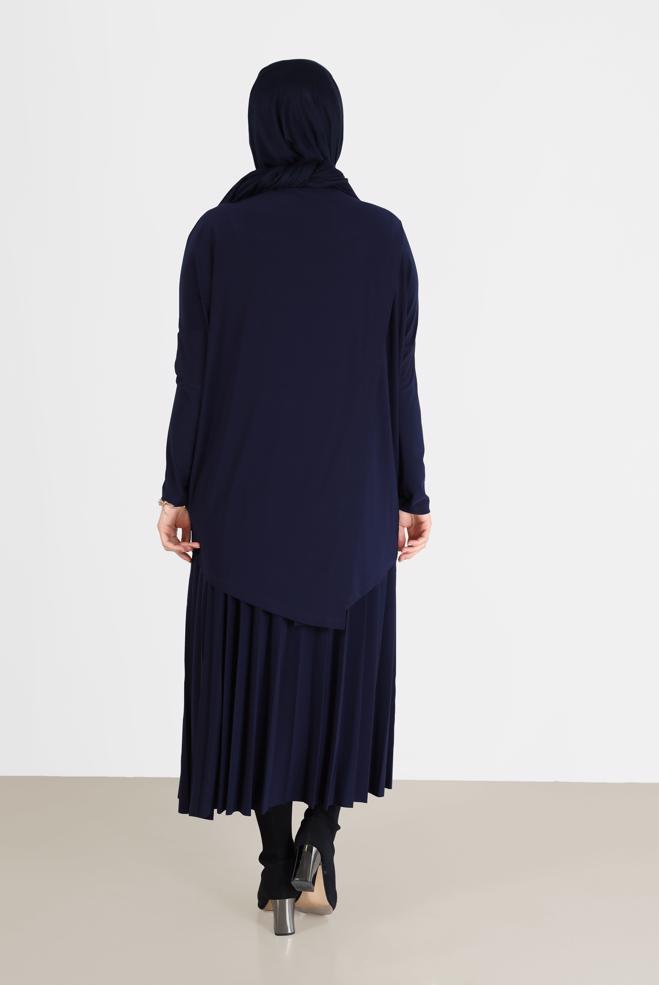 Tesettür giyim LACİVERT ASİMETRİK KESİM İKİLİ ETEKLİ TAKIM 41392 - ALVİNA