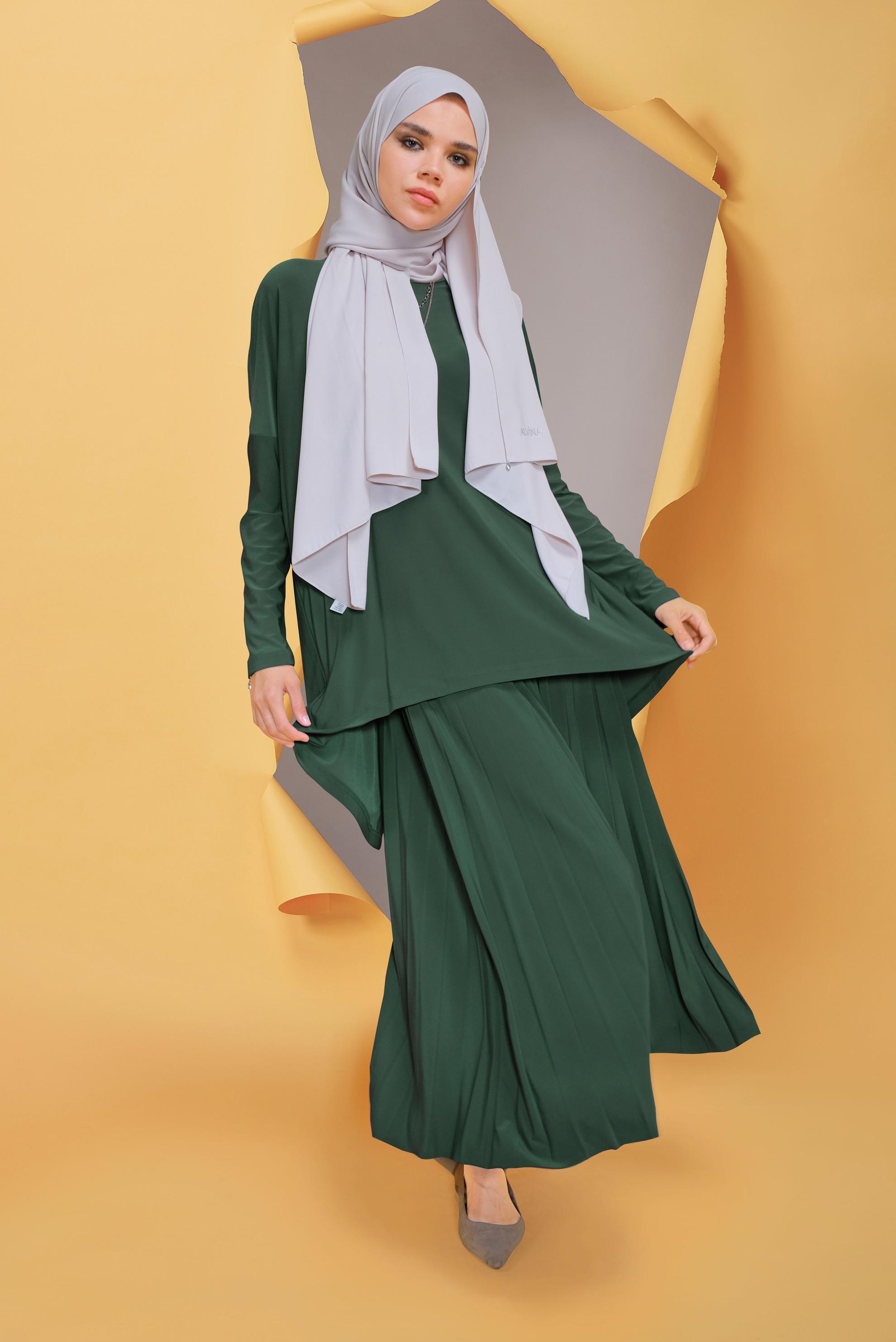 Tesettür giyim MAVİ ASİMETRİK KESİM İKİLİ ETEKLİ TAKIM 41392