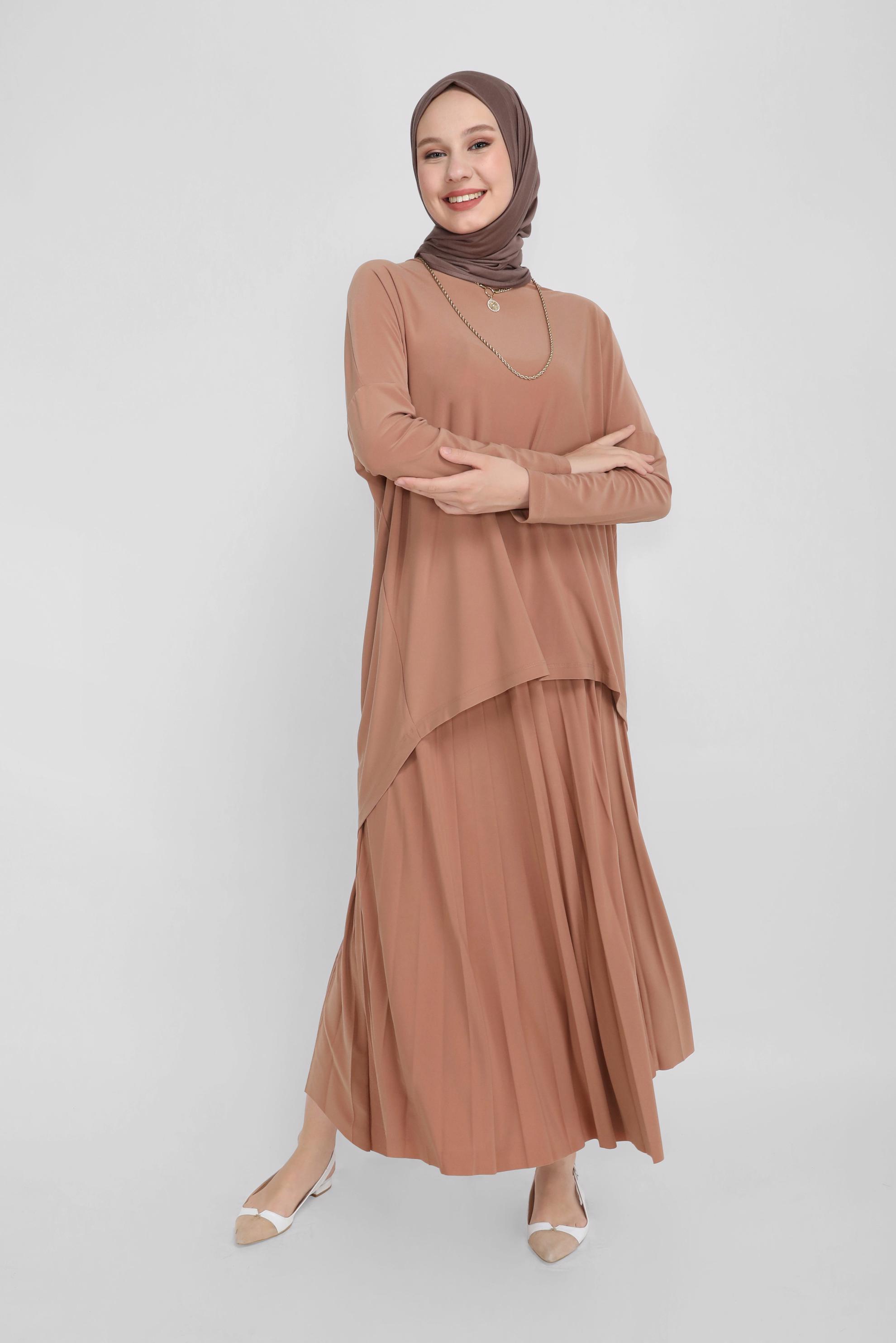 Tesettür giyim KAHVE ASİMETRİK KESİM İKİLİ ETEKLİ TAKIM 41392