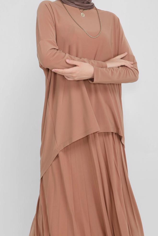 Tesettür giyim  ASİMETRİK KESİM İKİLİ ETEKLİ TAKIM 41392 - ALVİNA