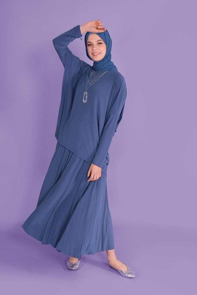 Tesettür giyim  ASİMETRİK KESİM İKİLİ ETEKLİ TAKIM 41392 - ALVİNA