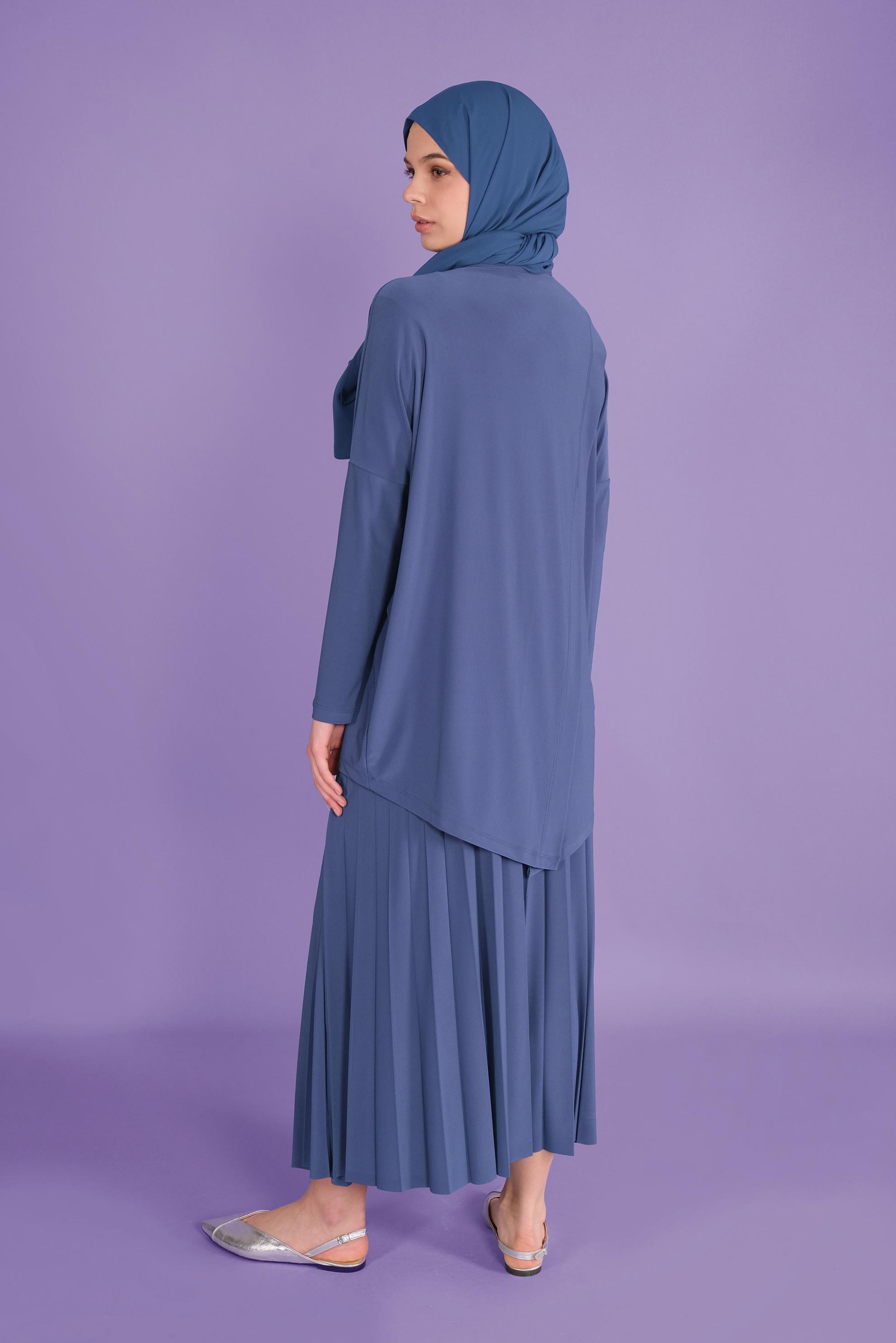 Tesettür giyim LACİVERT ASİMETRİK KESİM İKİLİ ETEKLİ TAKIM 41392