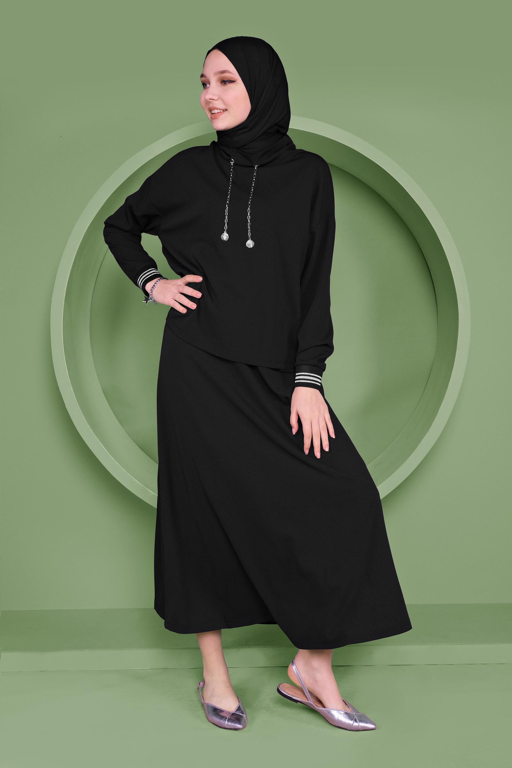 Tesettür giyim SİYAH ZİNCİR DETAYLI ETEKLİ TAKIM 41412