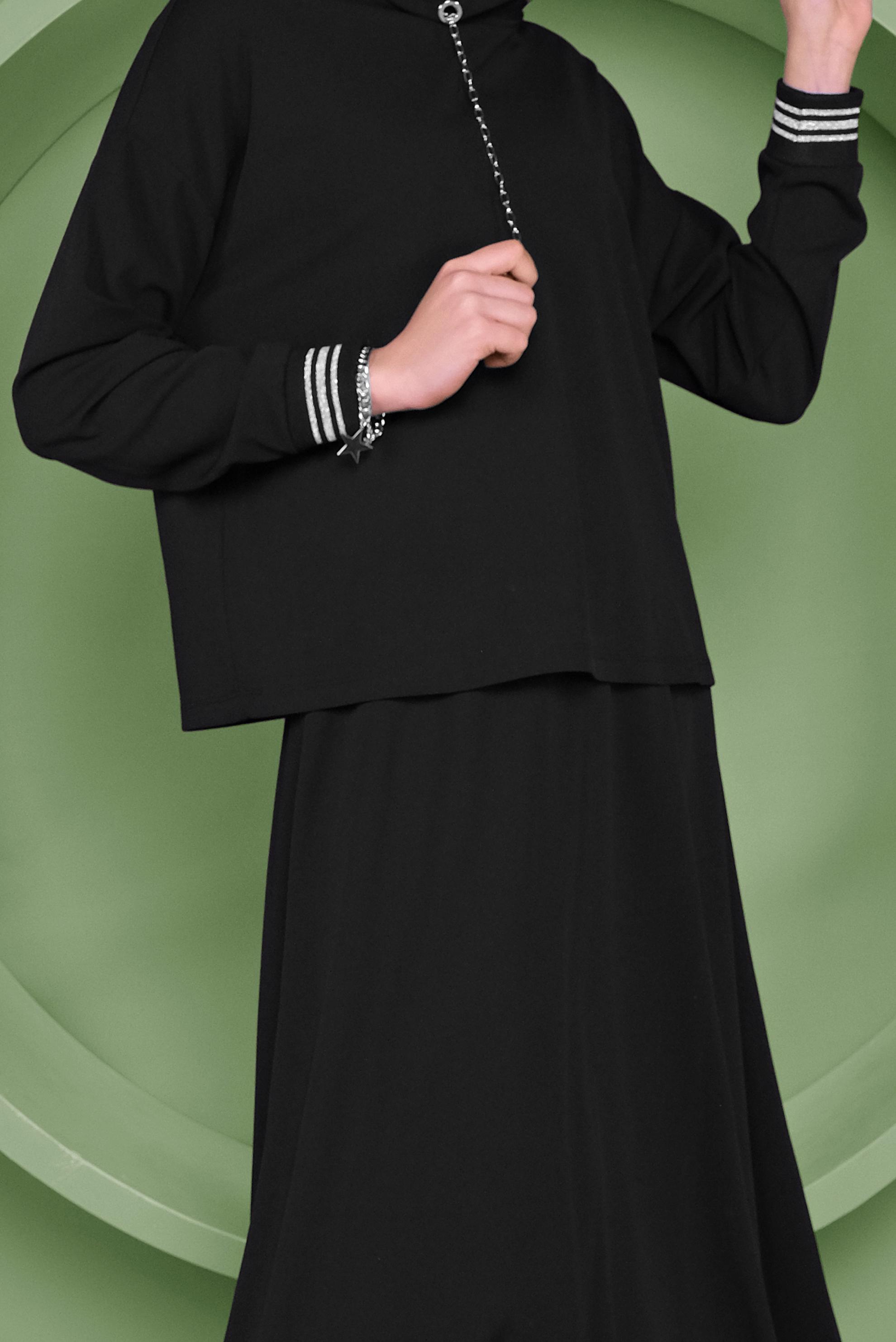 Tesettür giyim SİYAH ZİNCİR DETAYLI ETEKLİ TAKIM 41412