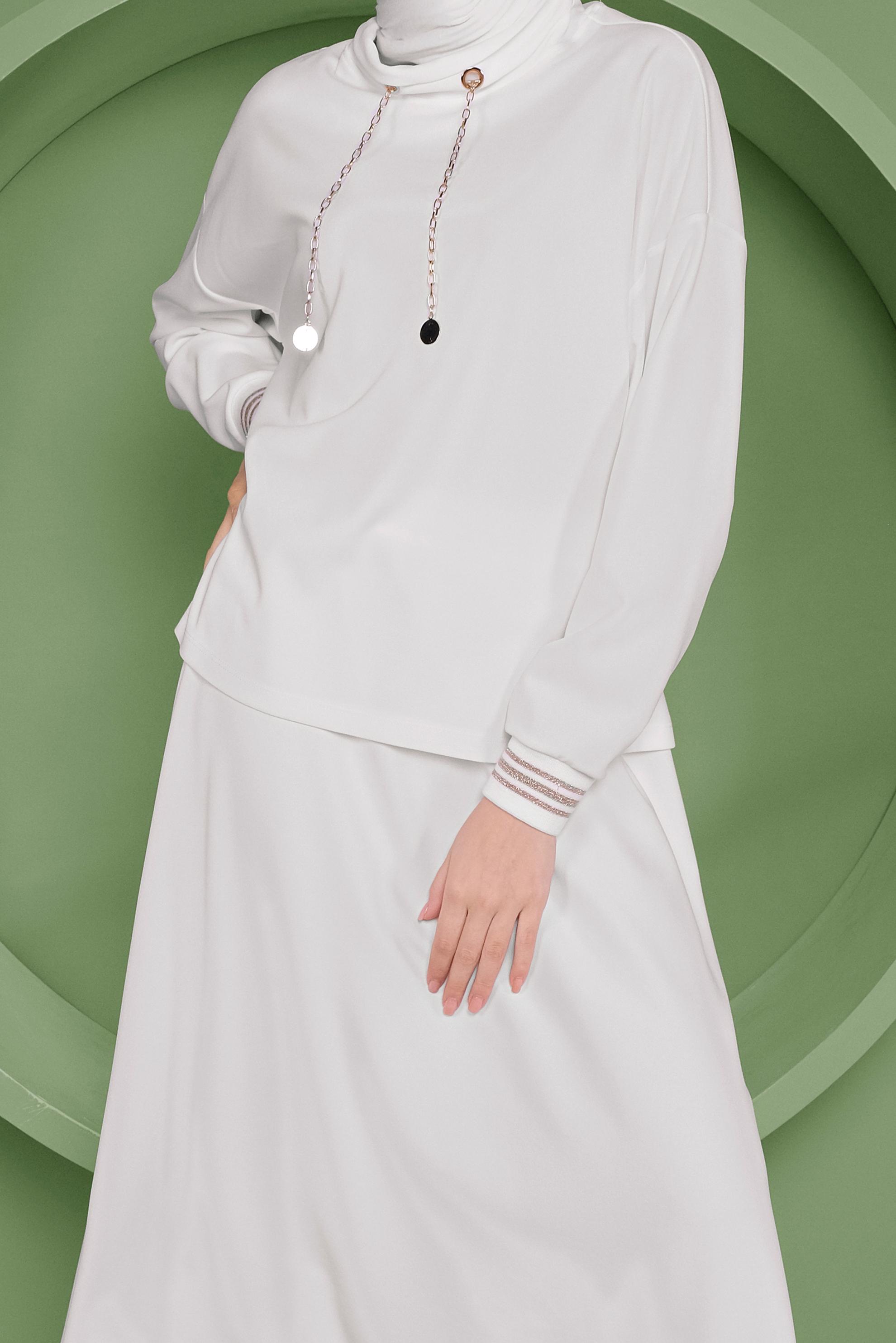 Tesettür giyim BEYAZ ZİNCİR DETAYLI ETEKLİ TAKIM 41412