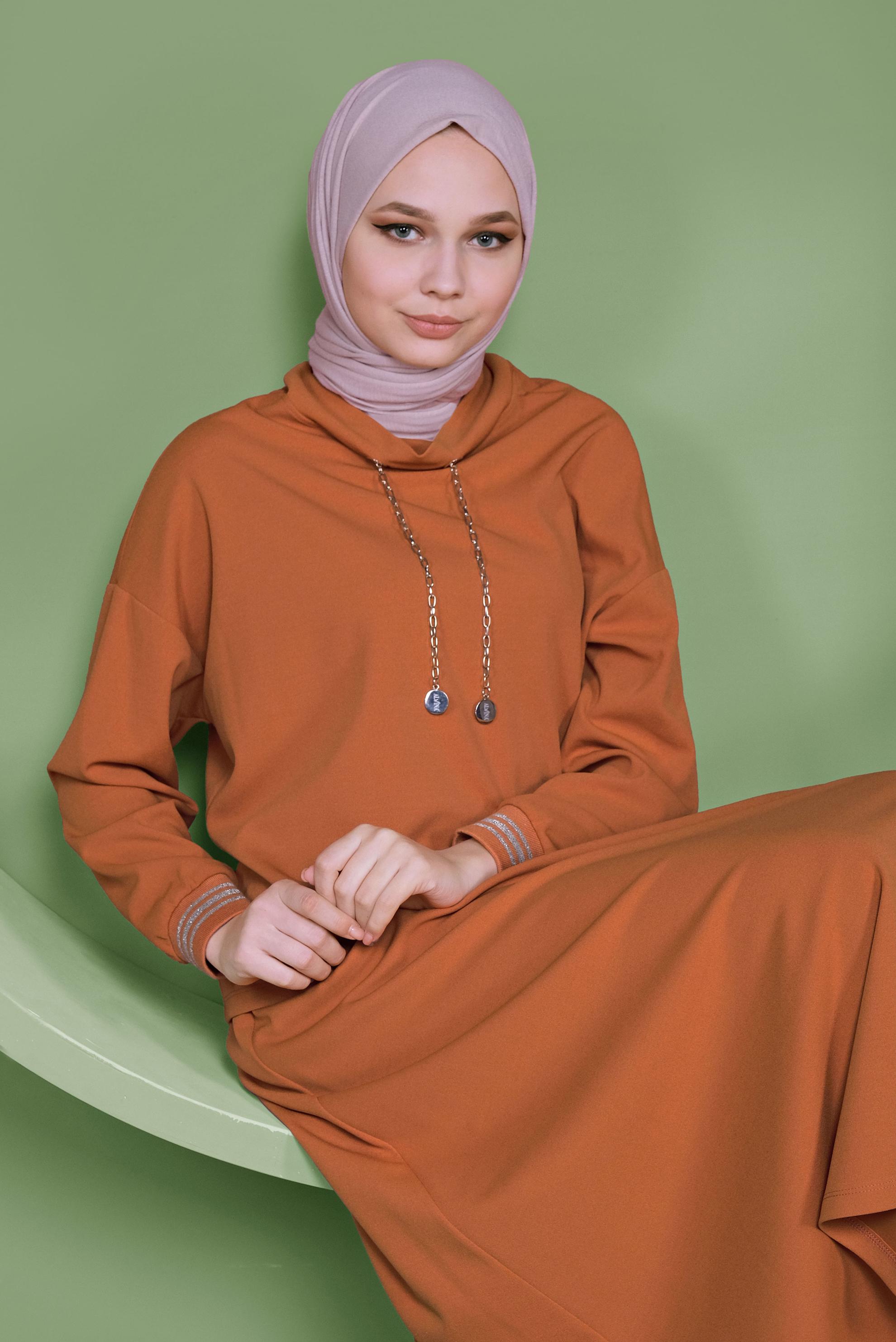 Tesettür giyim TURUNCU ZİNCİR DETAYLI ETEKLİ TAKIM 41412