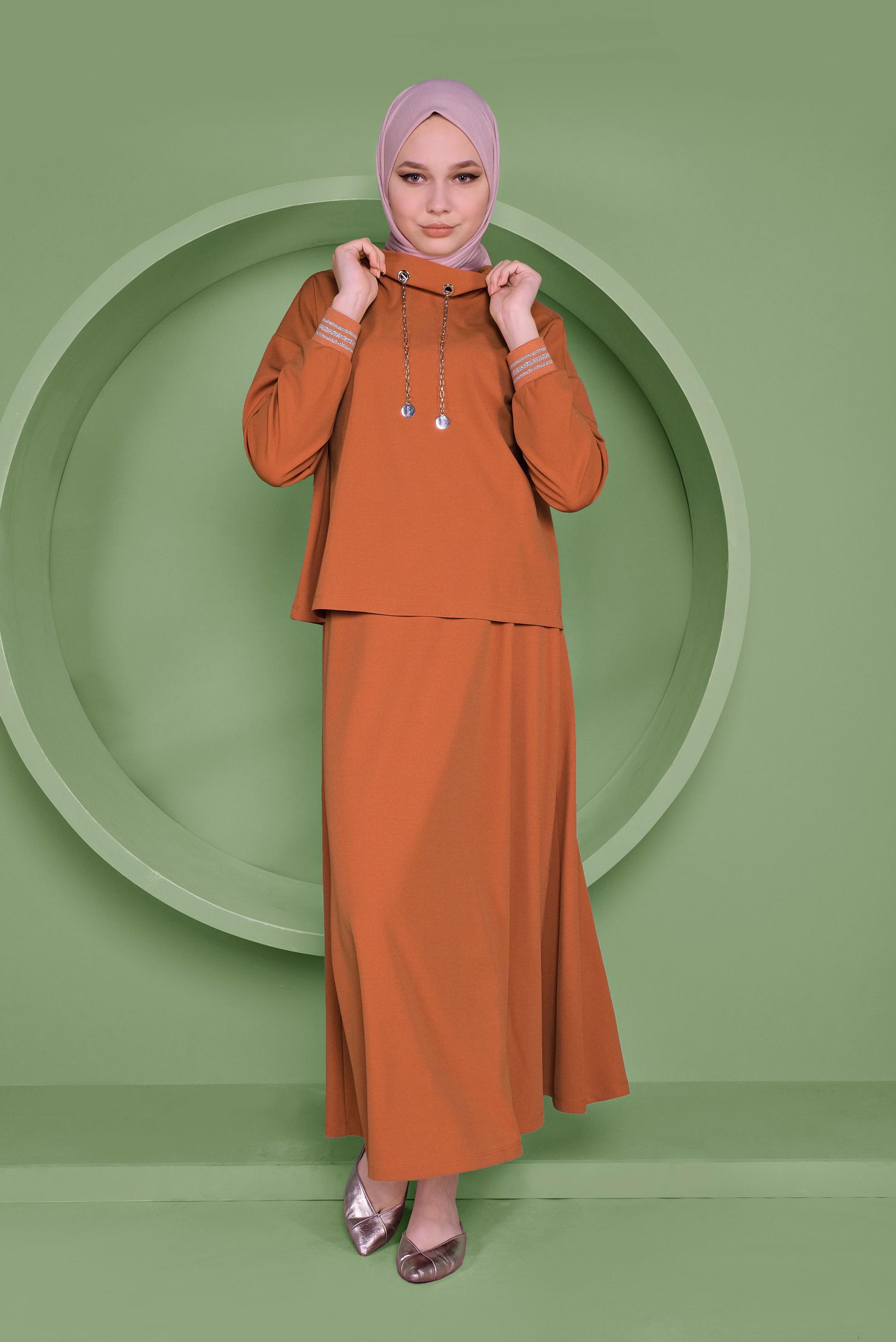 Tesettür giyim TURUNCU ZİNCİR DETAYLI ETEKLİ TAKIM 41412