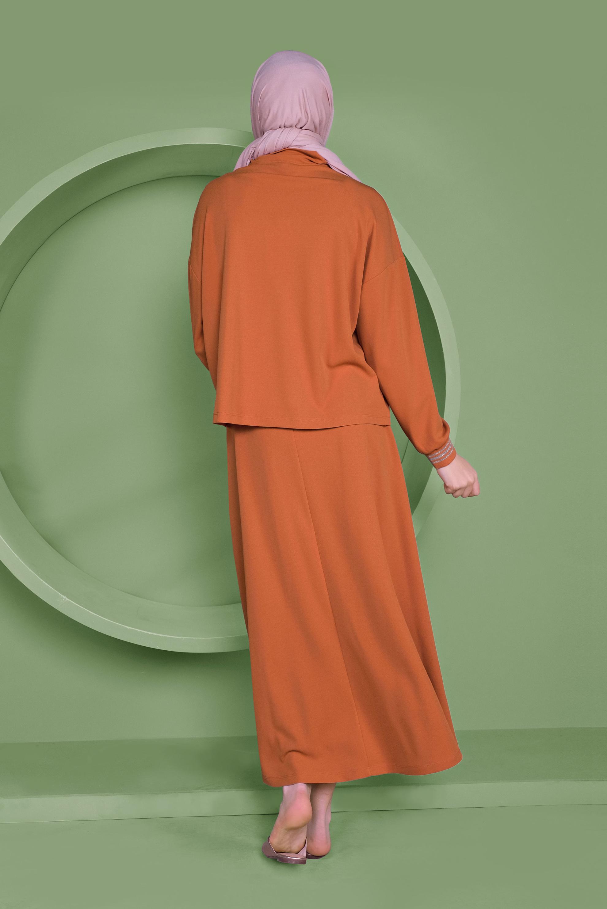 Tesettür giyim TURUNCU ZİNCİR DETAYLI ETEKLİ TAKIM 41412