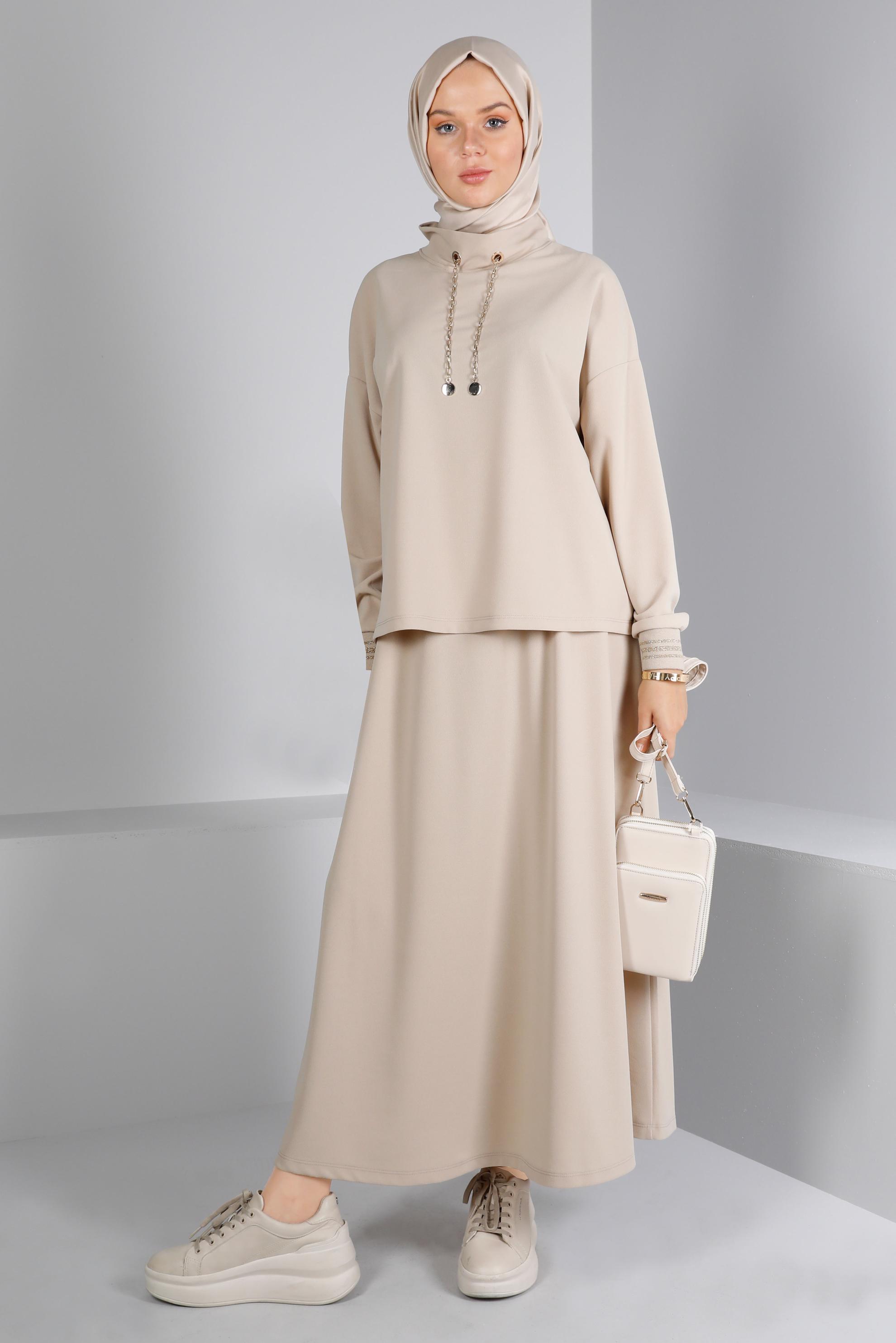 Tesettür giyim BEJ ZİNCİR DETAYLI ETEKLİ TAKIM 41412