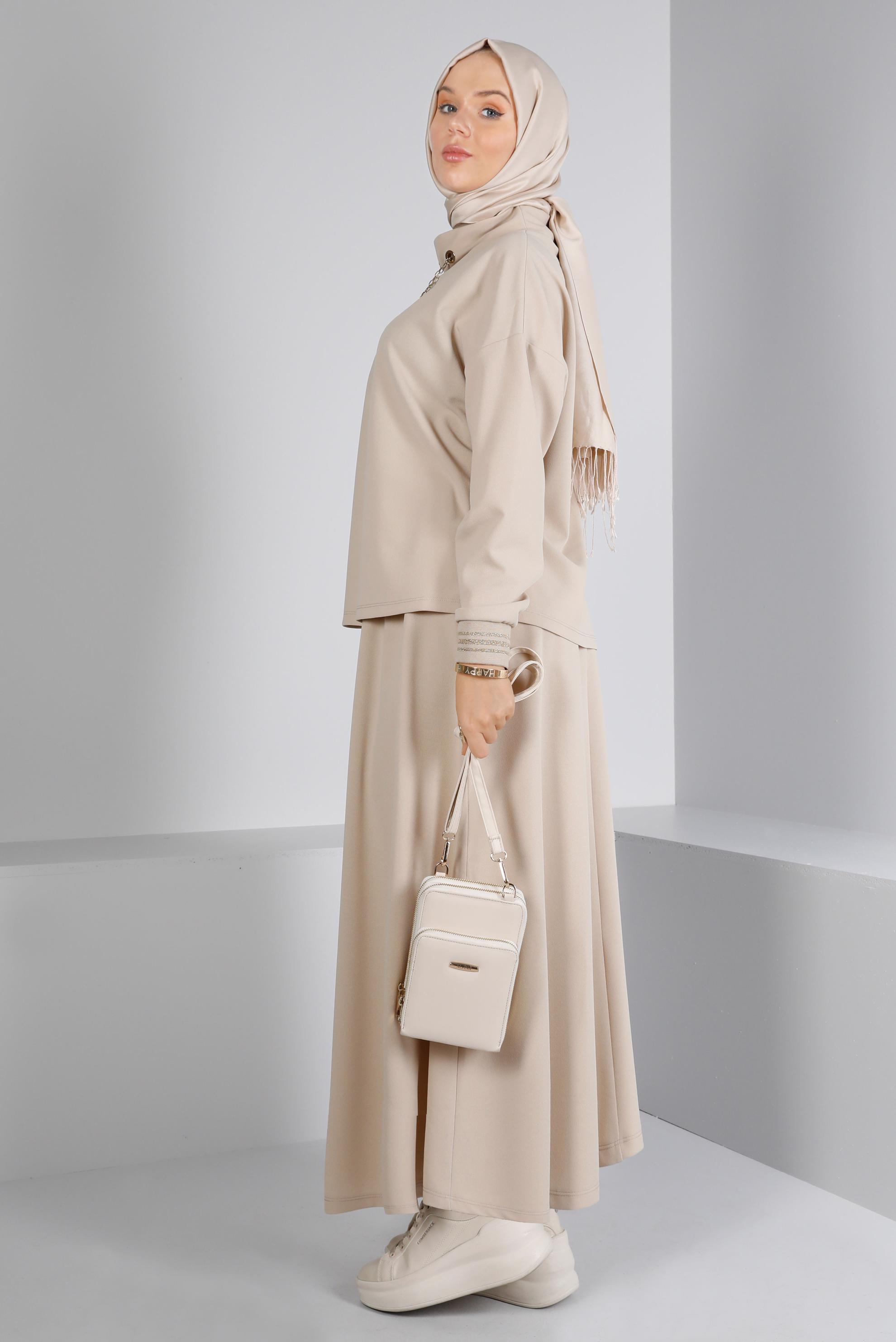 Tesettür giyim BEJ ZİNCİR DETAYLI ETEKLİ TAKIM 41412