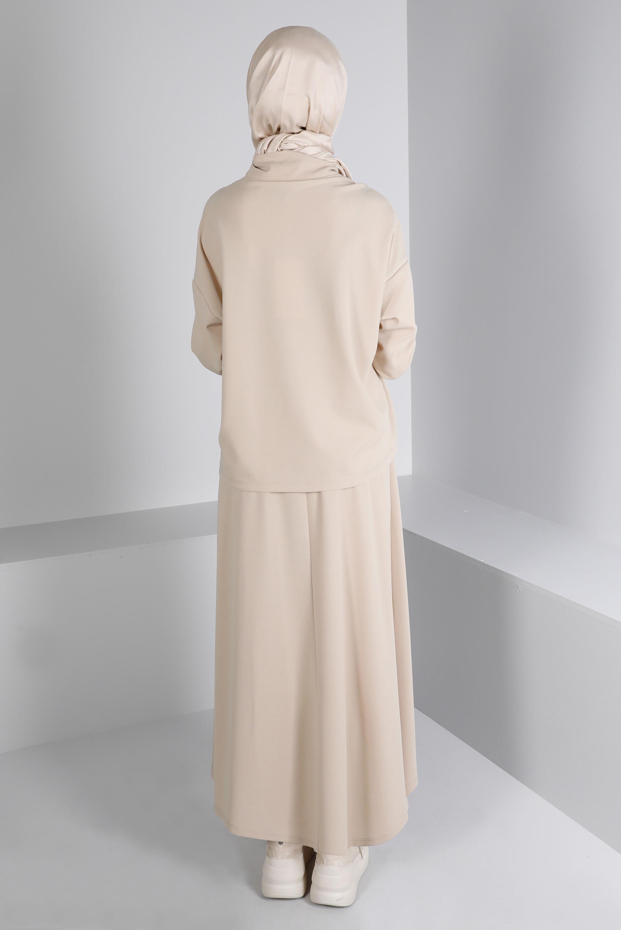 Tesettür giyim BEJ ZİNCİR DETAYLI ETEKLİ TAKIM 41412