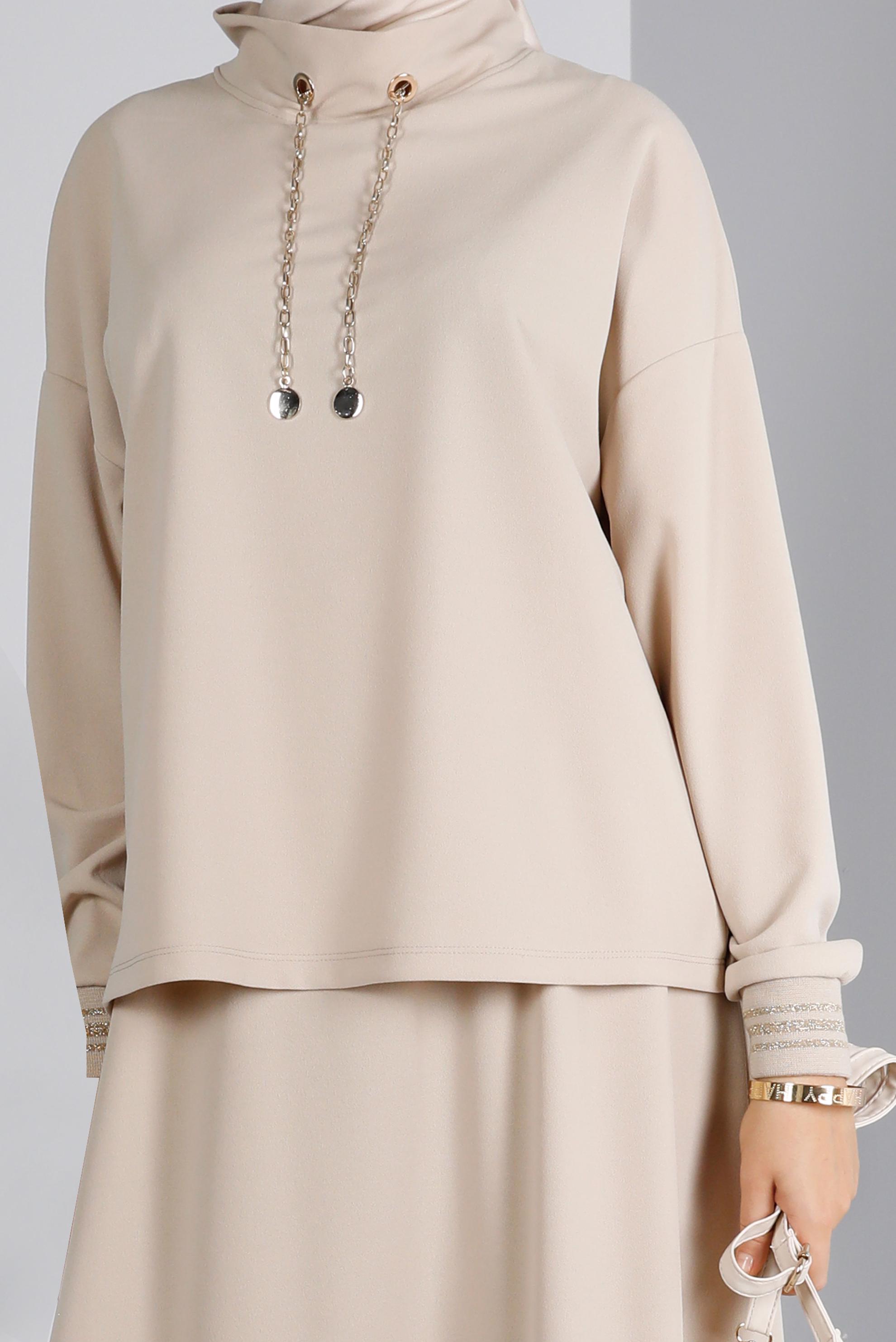 Tesettür giyim BEJ ZİNCİR DETAYLI ETEKLİ TAKIM 41412