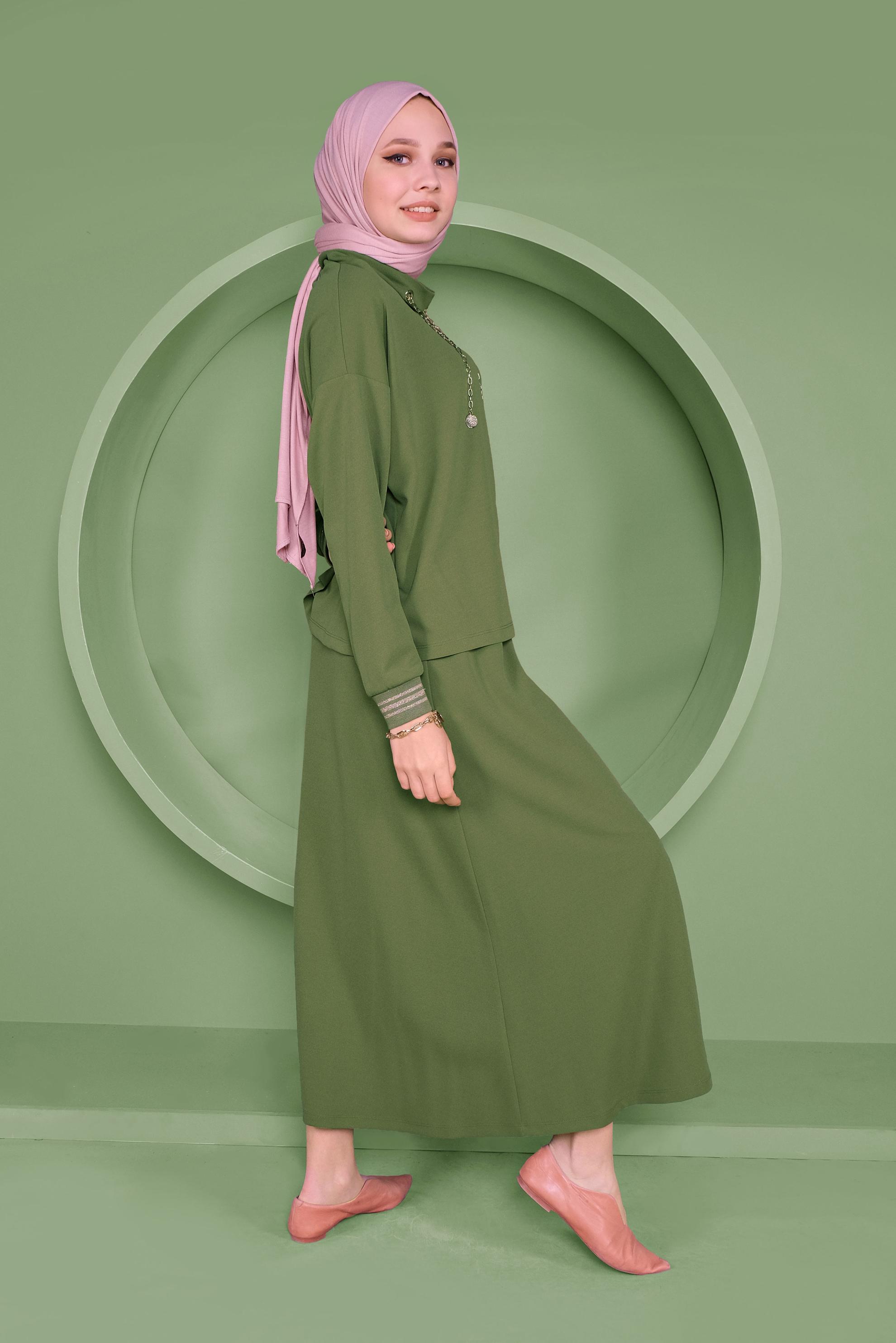 Tesettür giyim HAKİ ZİNCİR DETAYLI ETEKLİ TAKIM 41412