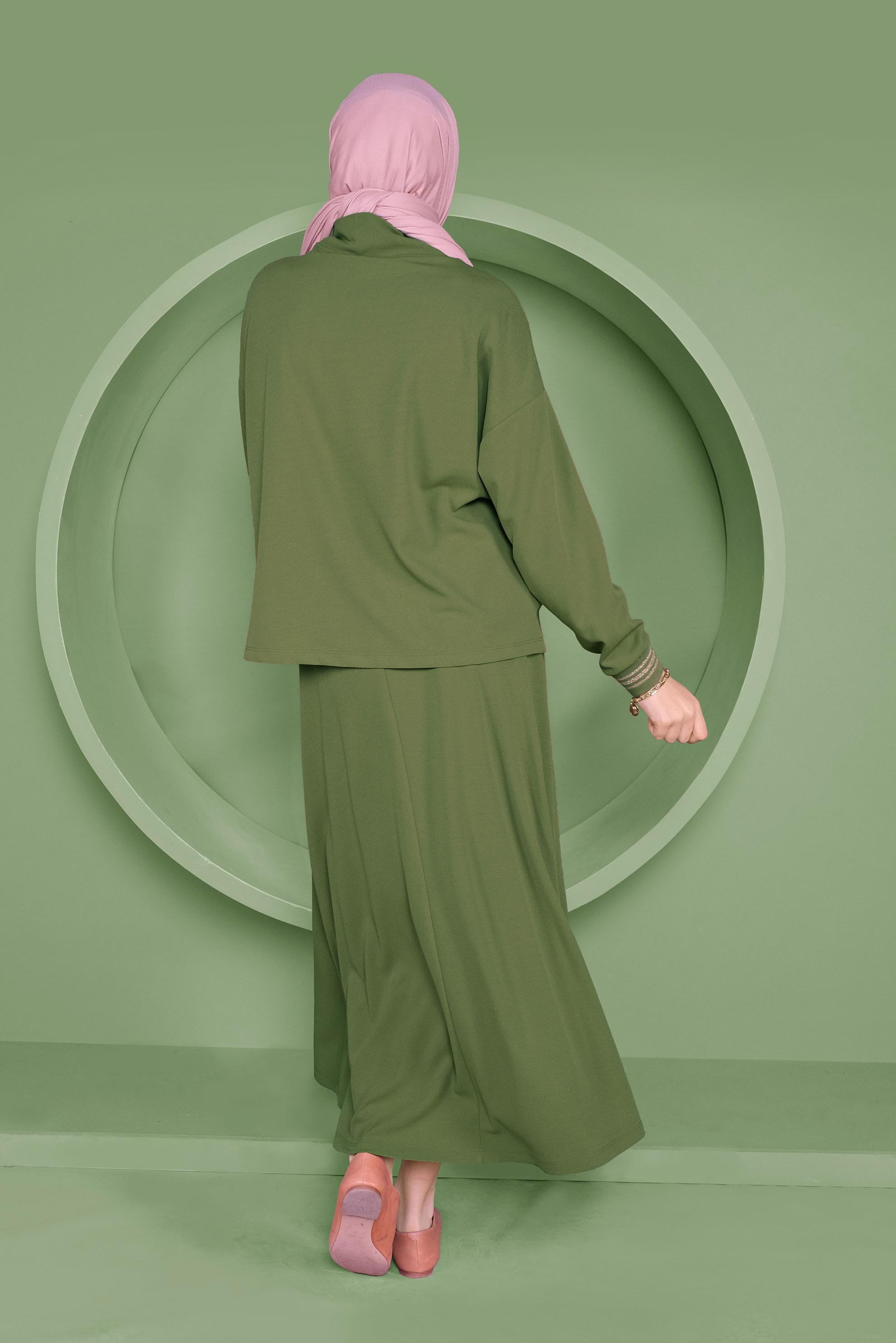 Tesettür giyim HAKİ ZİNCİR DETAYLI ETEKLİ TAKIM 41412