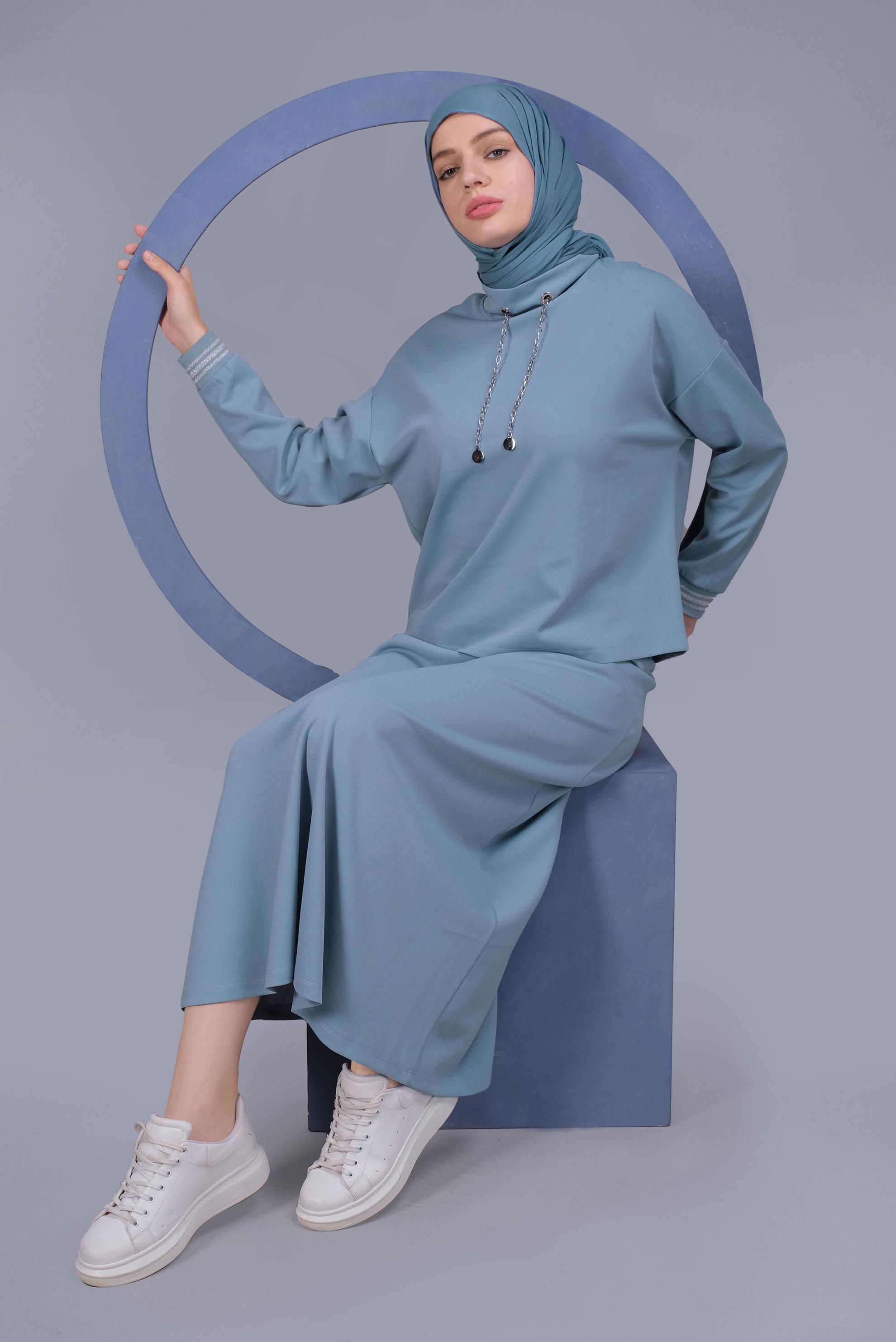 Tesettür giyim MAVİ ZİNCİR DETAYLI ETEKLİ TAKIM 41412