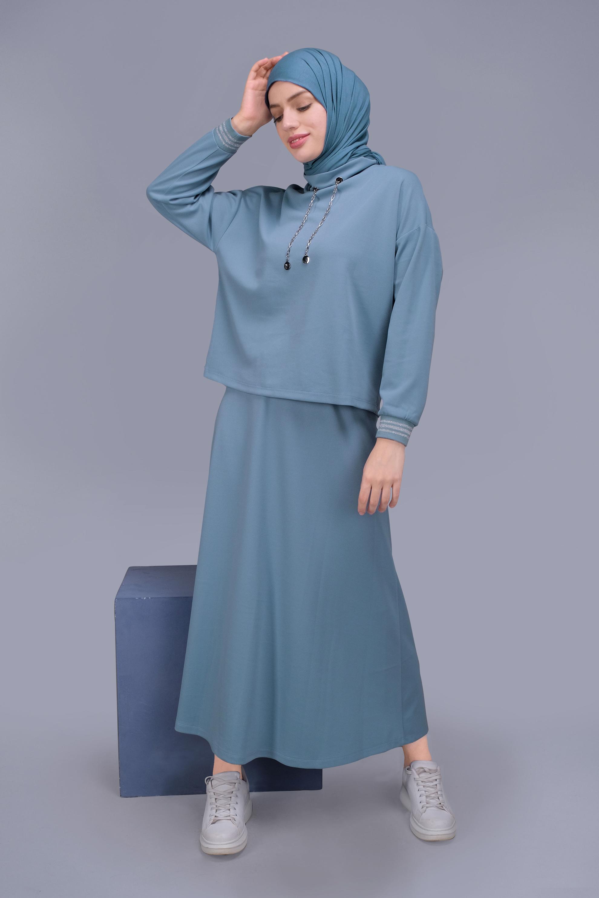 Tesettür giyim MAVİ ZİNCİR DETAYLI ETEKLİ TAKIM 41412