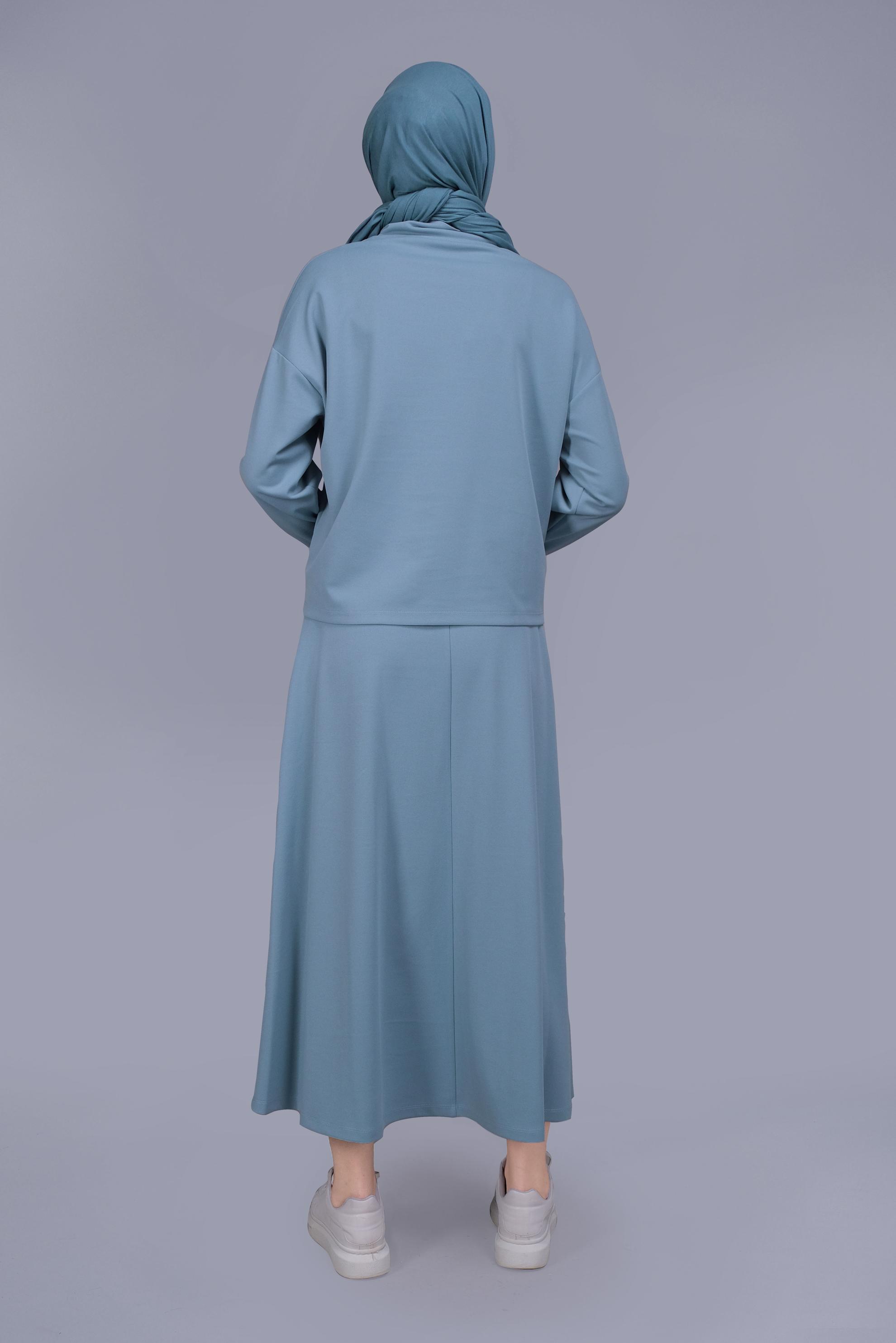 Tesettür giyim MAVİ ZİNCİR DETAYLI ETEKLİ TAKIM 41412