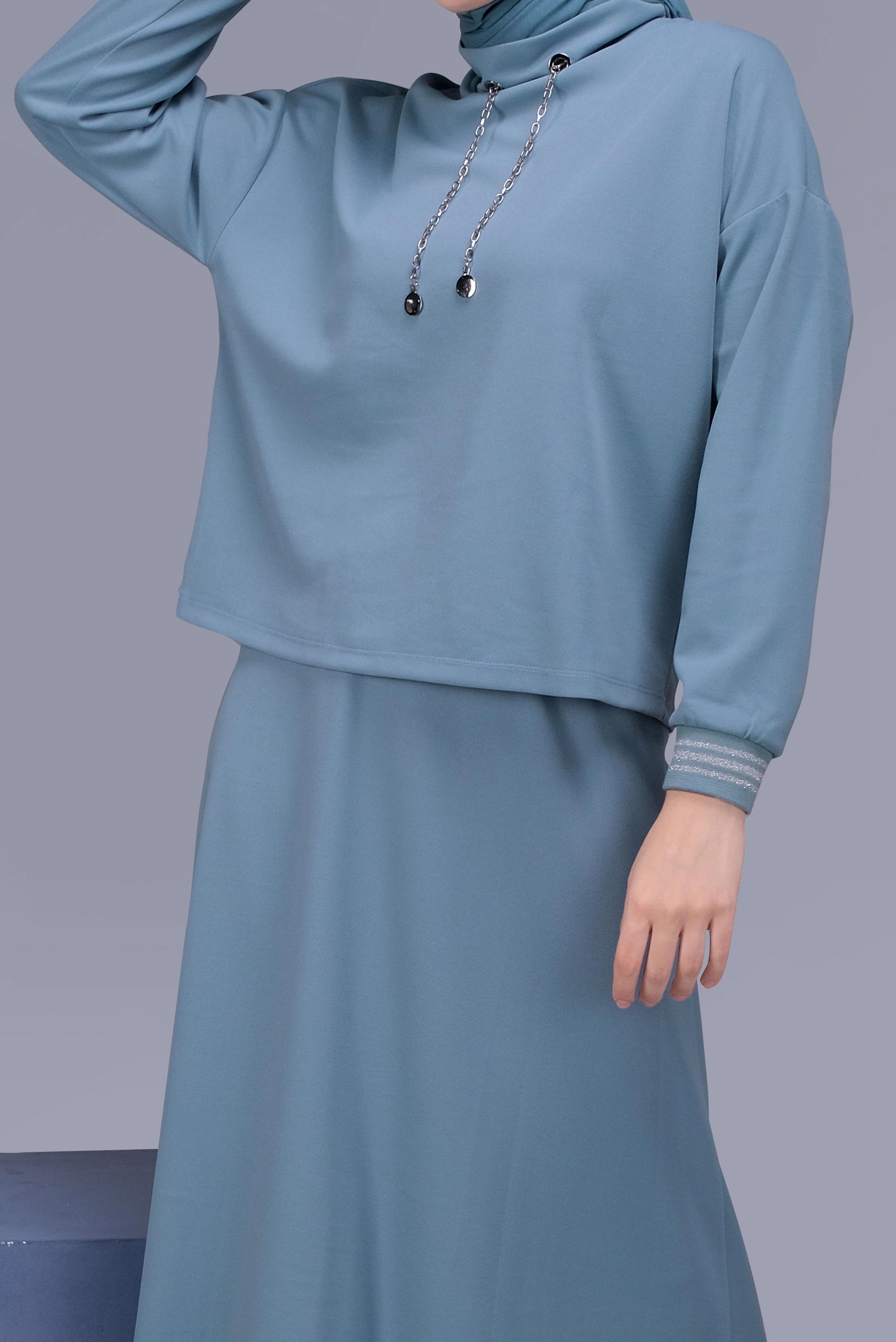 Tesettür giyim MAVİ ZİNCİR DETAYLI ETEKLİ TAKIM 41412