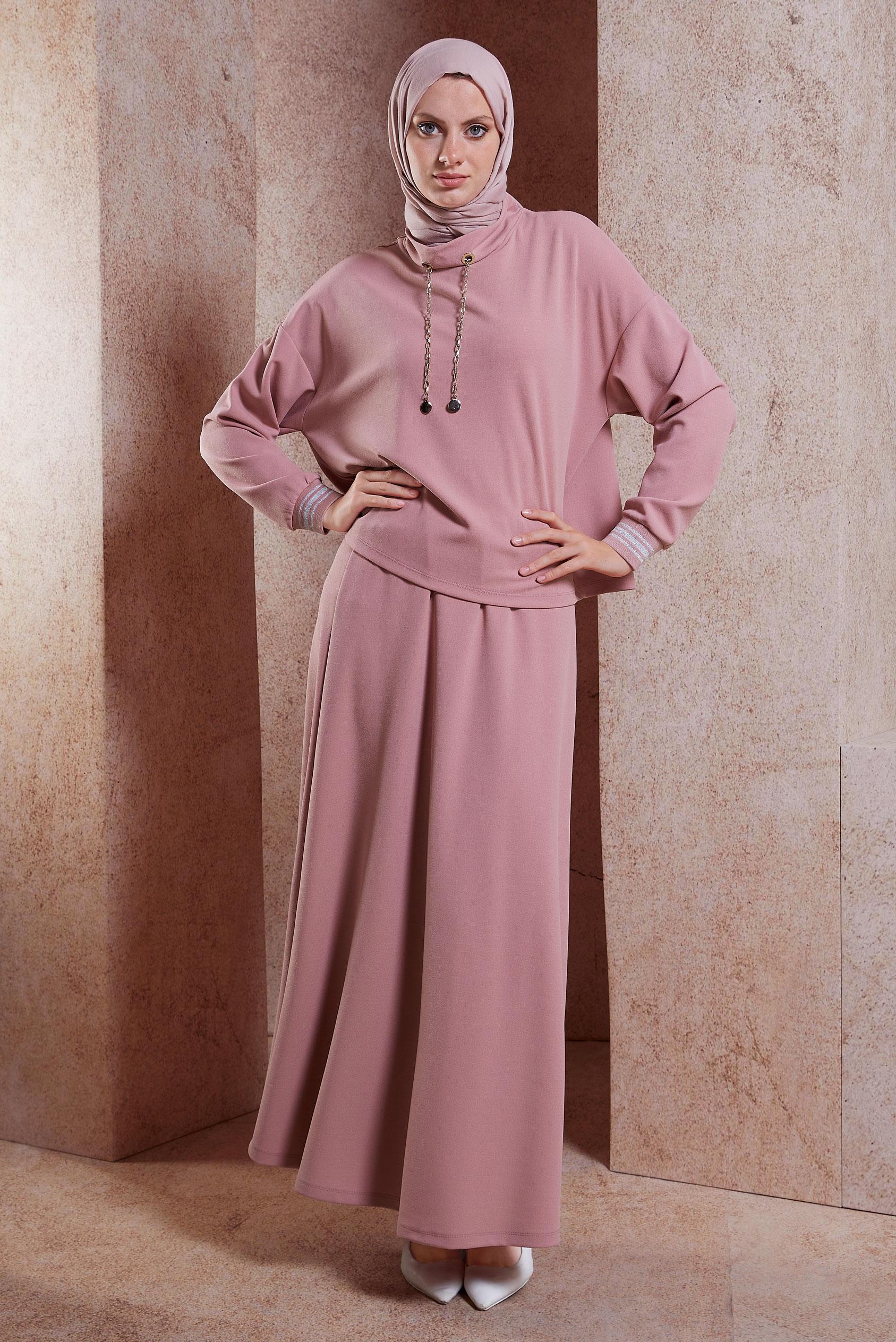 Tesettür giyim PUDRA ZİNCİR DETAYLI ETEKLİ TAKIM 41412