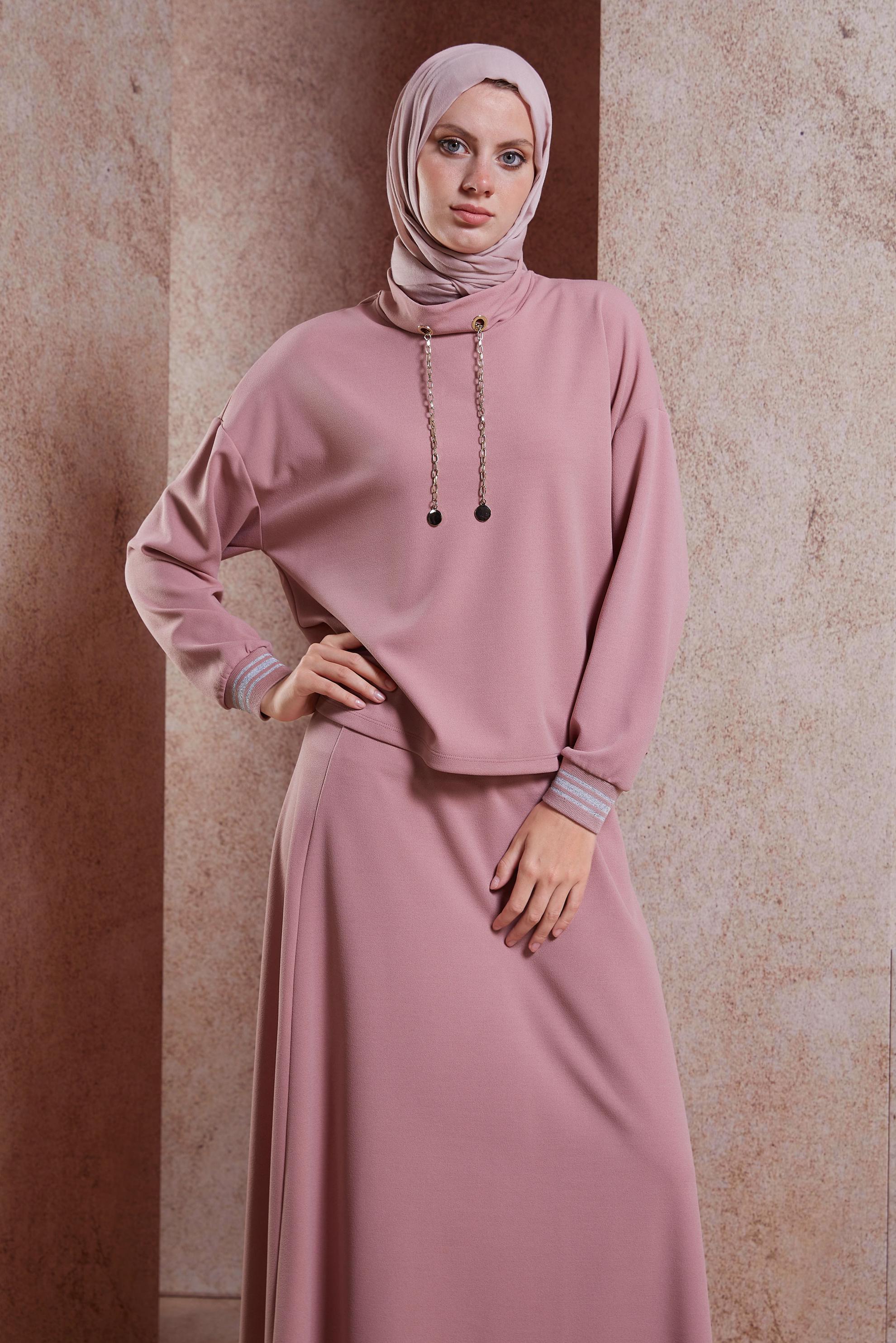 Tesettür giyim PUDRA ZİNCİR DETAYLI ETEKLİ TAKIM 41412