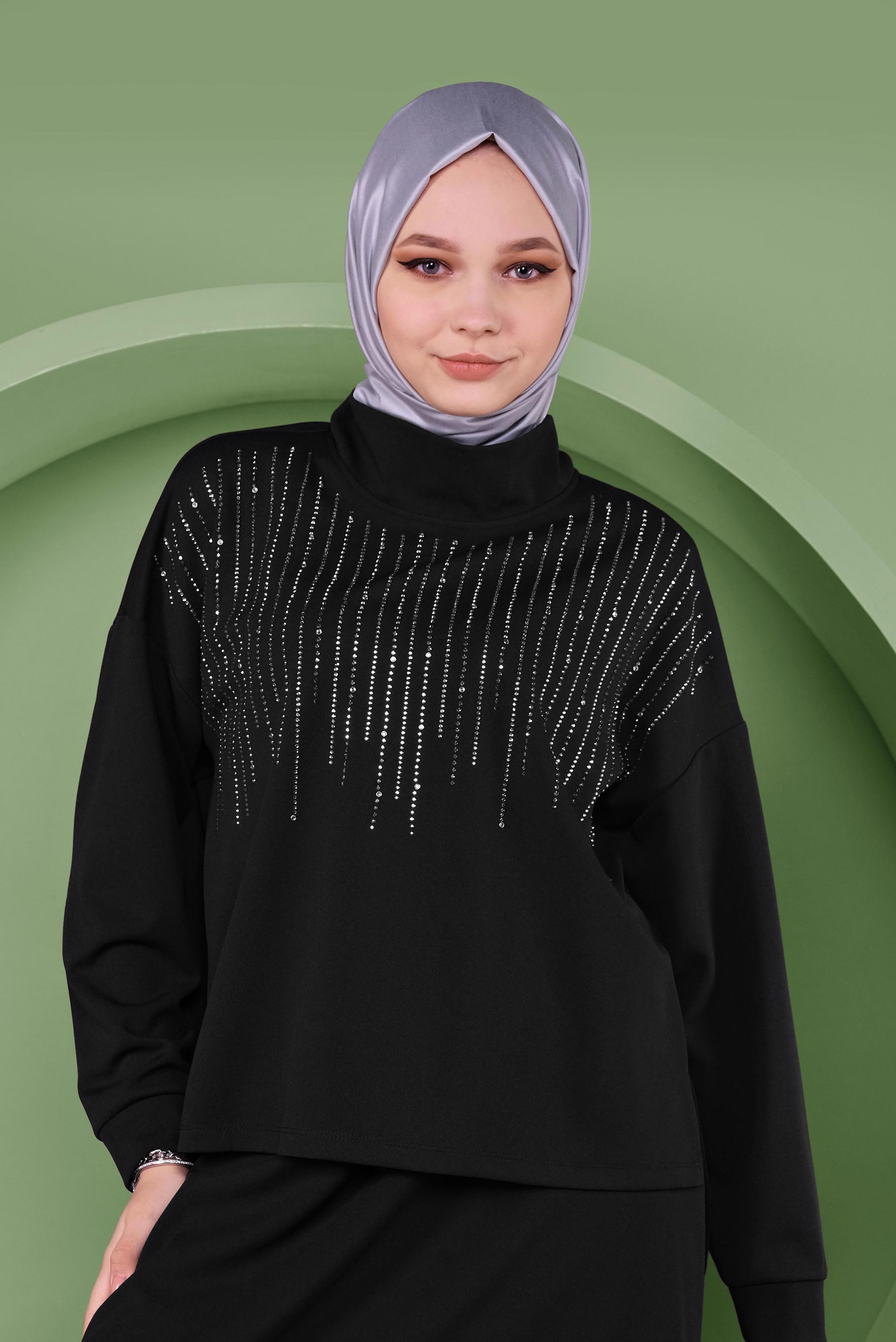 Tesettür giyim SİYAH TAŞ BASKILI İKİLİ ETEKLİ TAKIM 41413