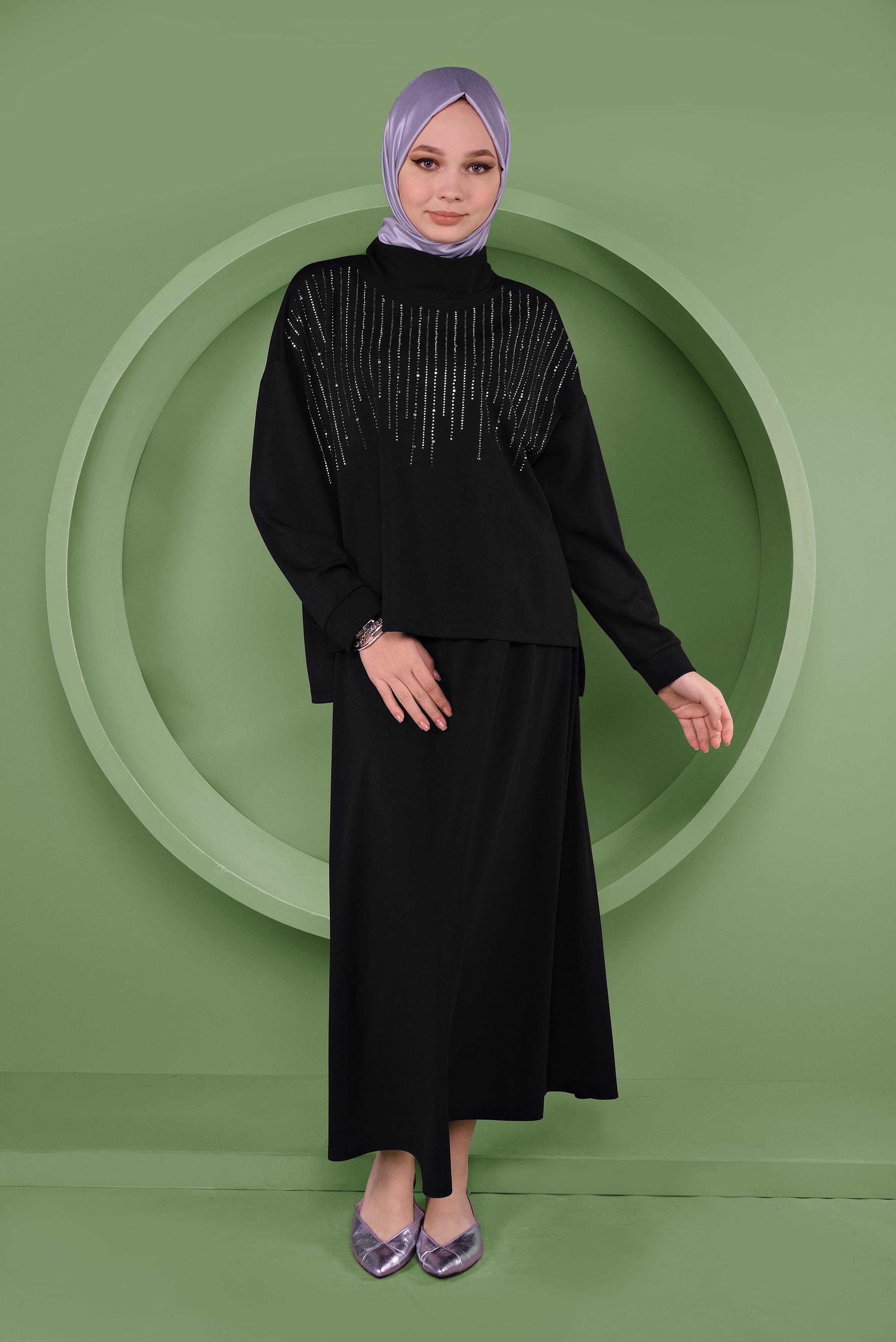 Tesettür giyim SİYAH TAŞ BASKILI İKİLİ ETEKLİ TAKIM 41413