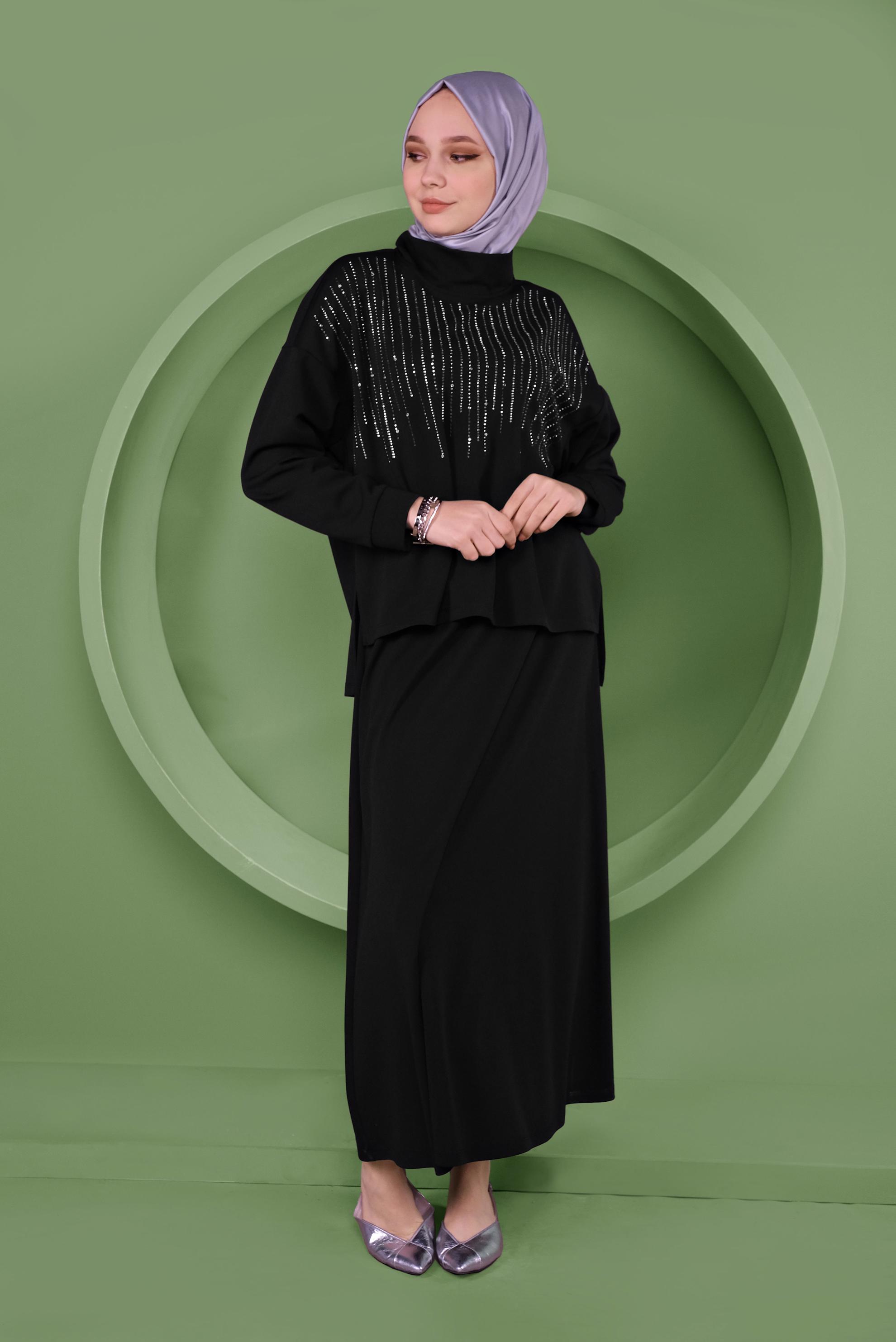 Tesettür giyim SİYAH TAŞ BASKILI İKİLİ ETEKLİ TAKIM 41413