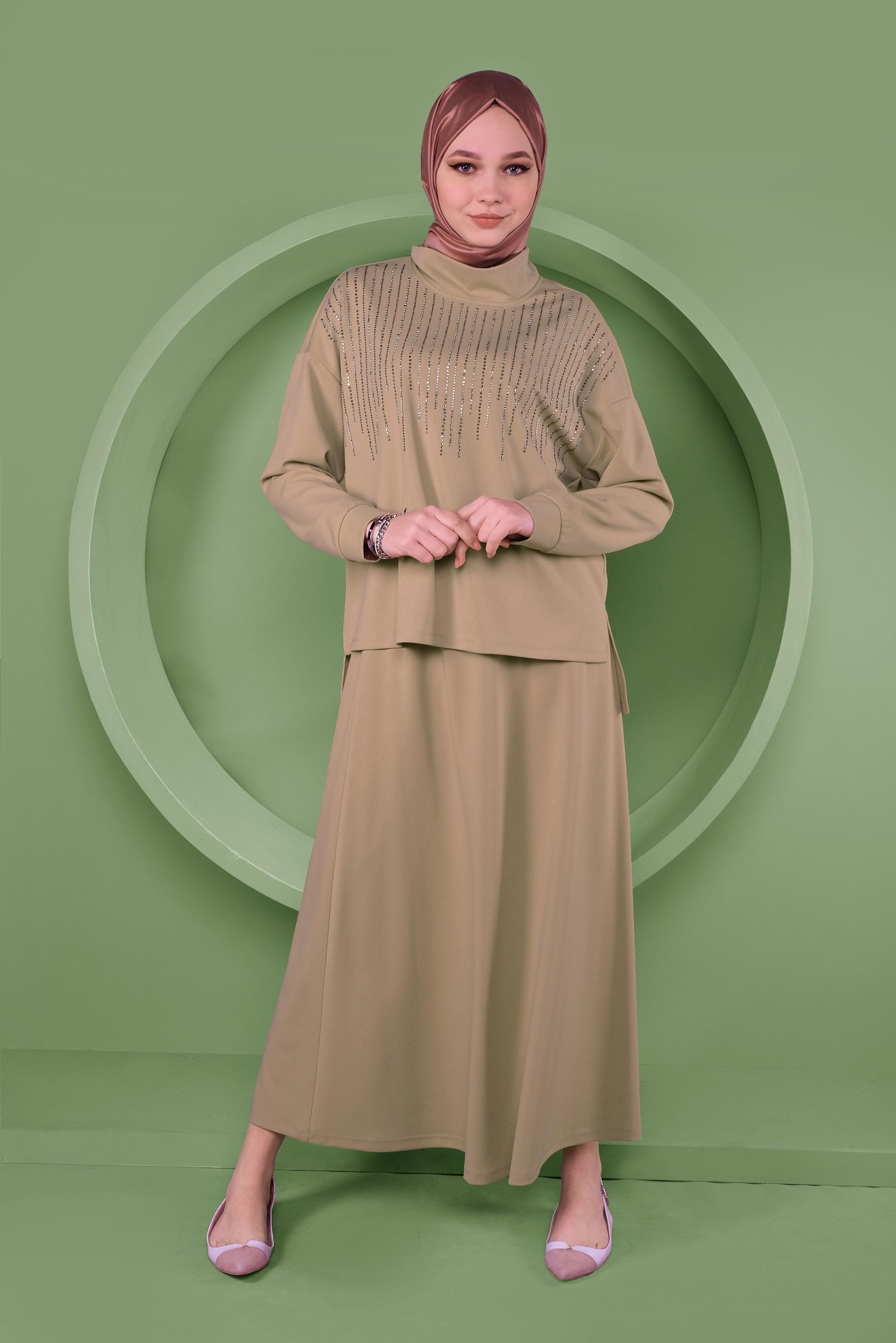 Hijab clothing BEIGE STONE PRINTED 2-PIECE SKIRT SUIT 41413 