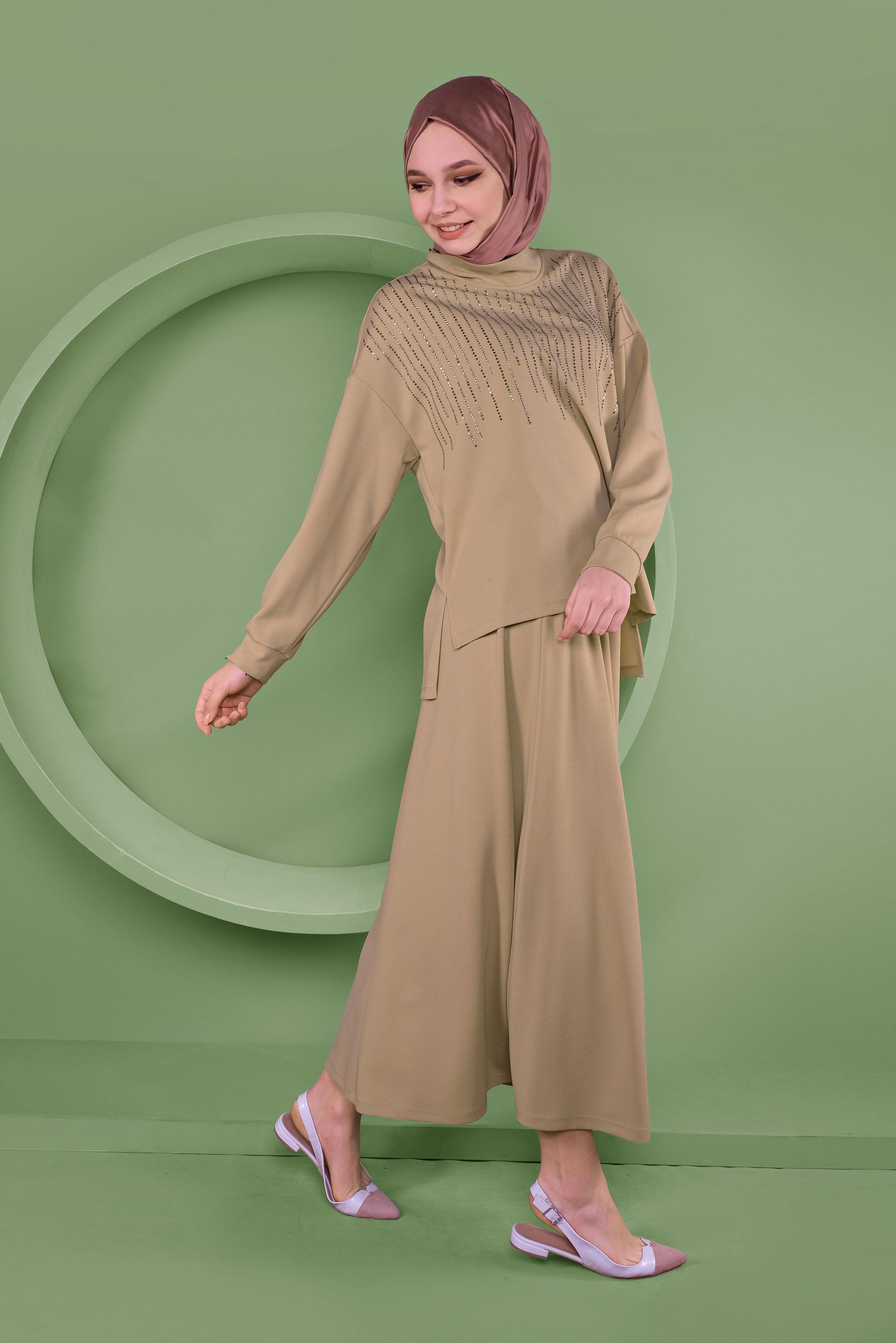 Hijab clothing BEIGE STONE PRINTED 2-PIECE SKIRT SUIT 41413 