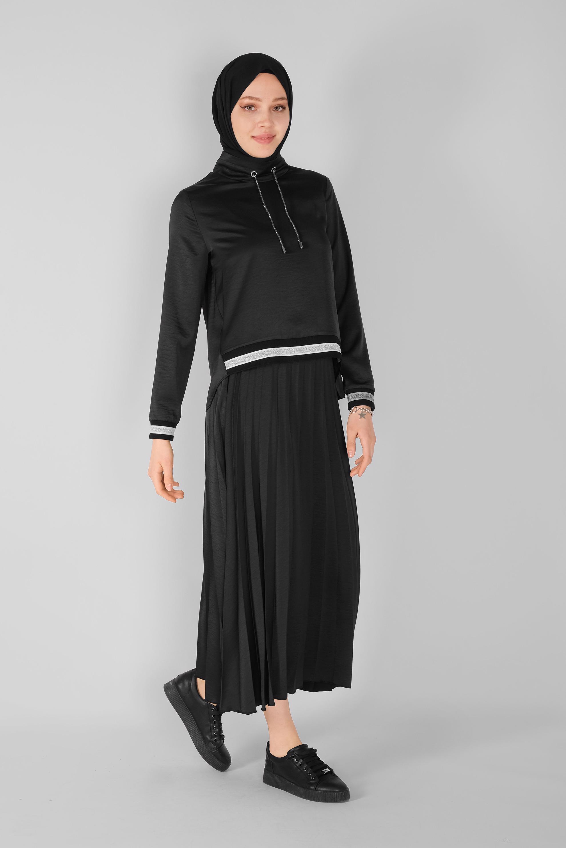 Tesettür giyim SİYAH RİBANA DETAYLI PİLİSE ETEKLİ İKİLİ TAKIM  41539