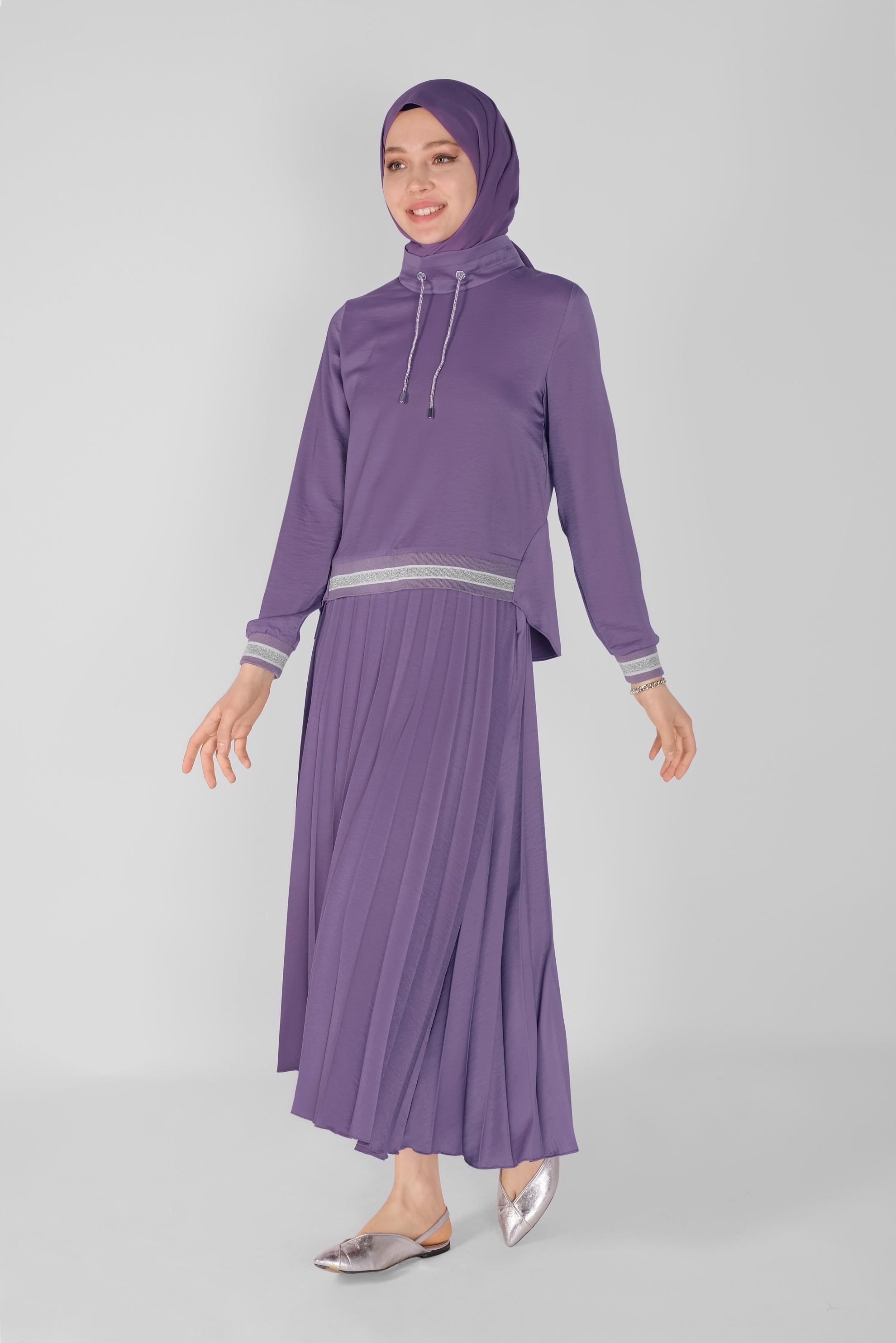Tesettür giyim MOR RİBANA DETAYLI PİLİSE ETEKLİ İKİLİ TAKIM  41539