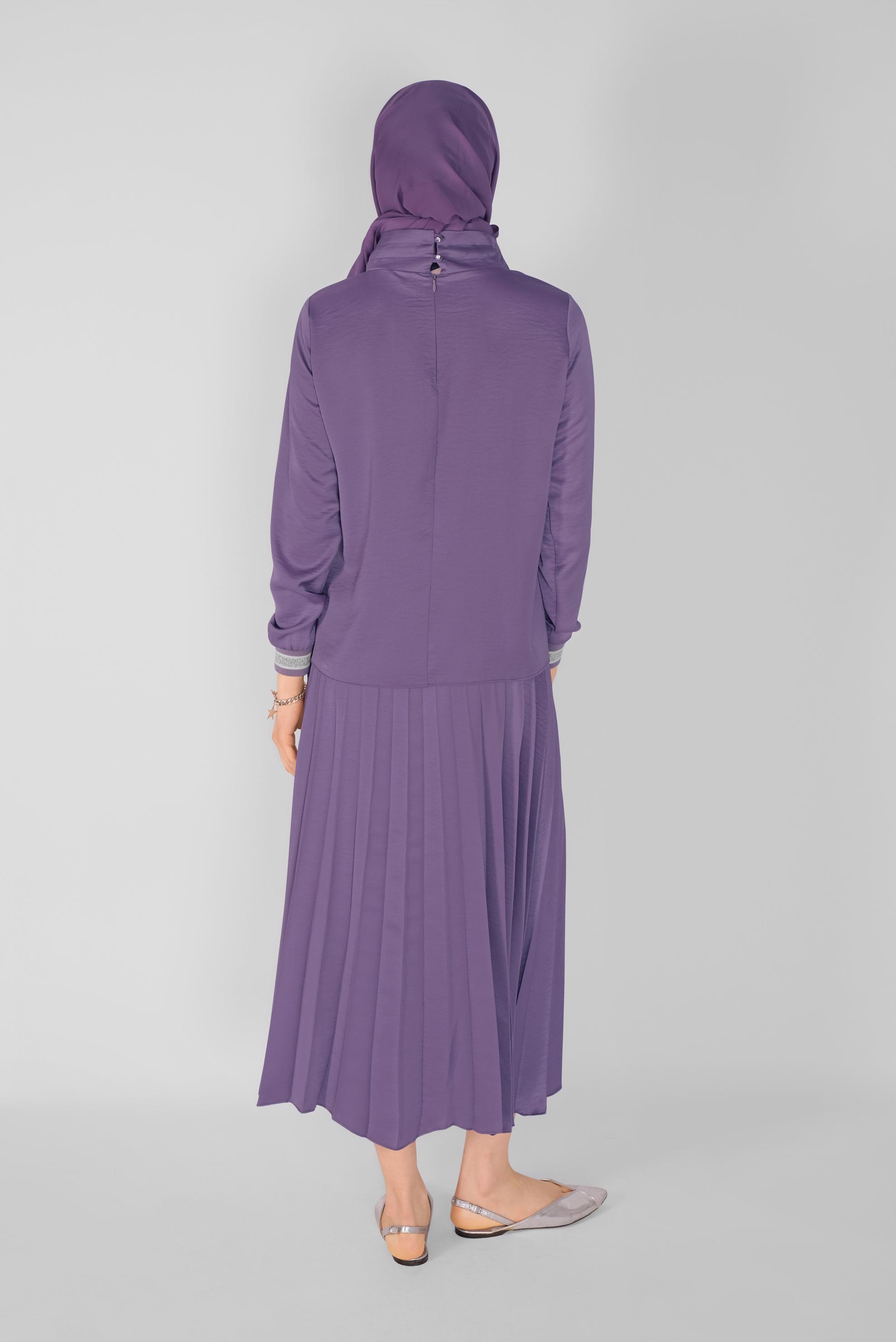 Tesettür giyim MOR RİBANA DETAYLI PİLİSE ETEKLİ İKİLİ TAKIM  41539