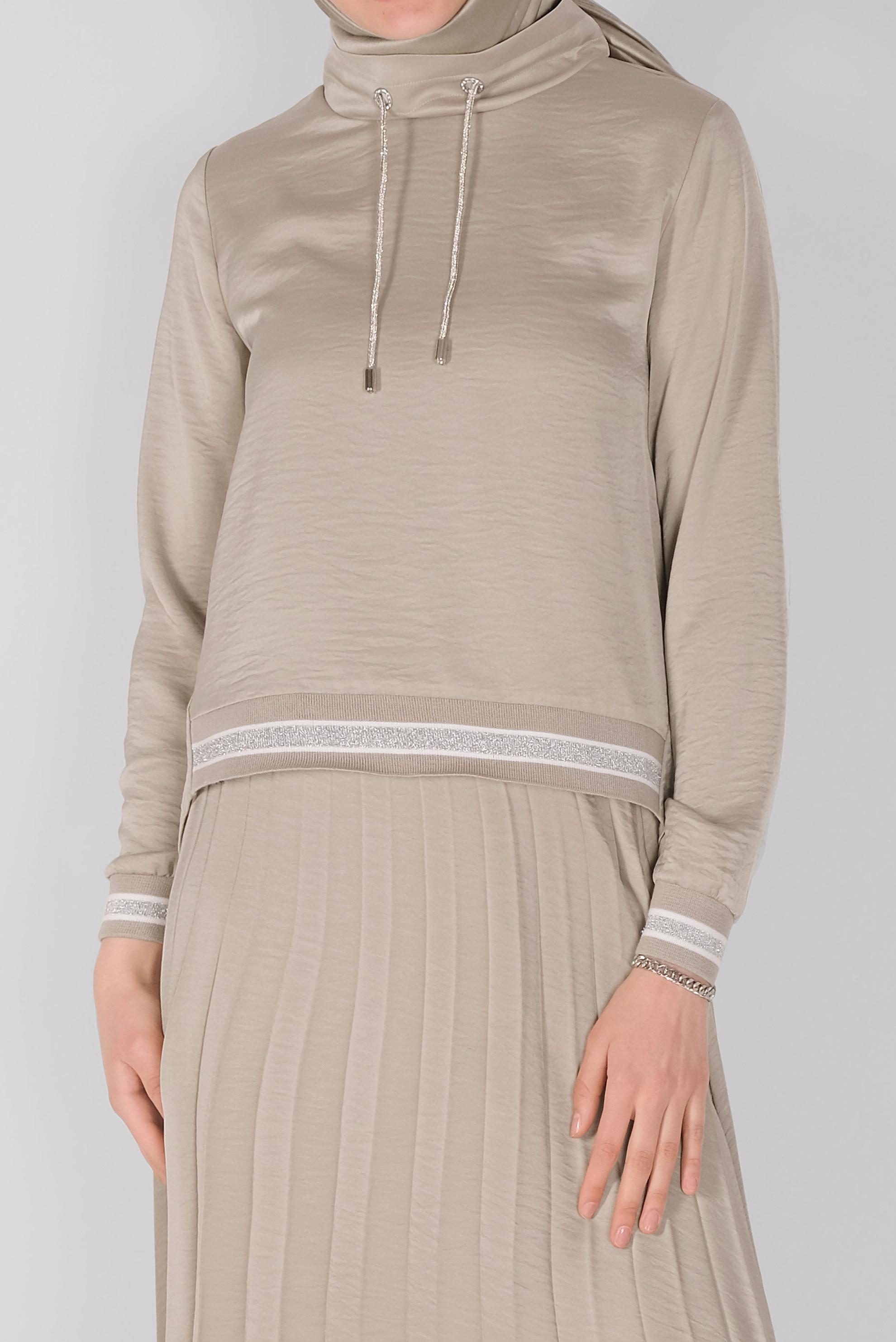 Tesettür giyim BEJ RİBANA DETAYLI PİLİSE ETEKLİ İKİLİ TAKIM  41539