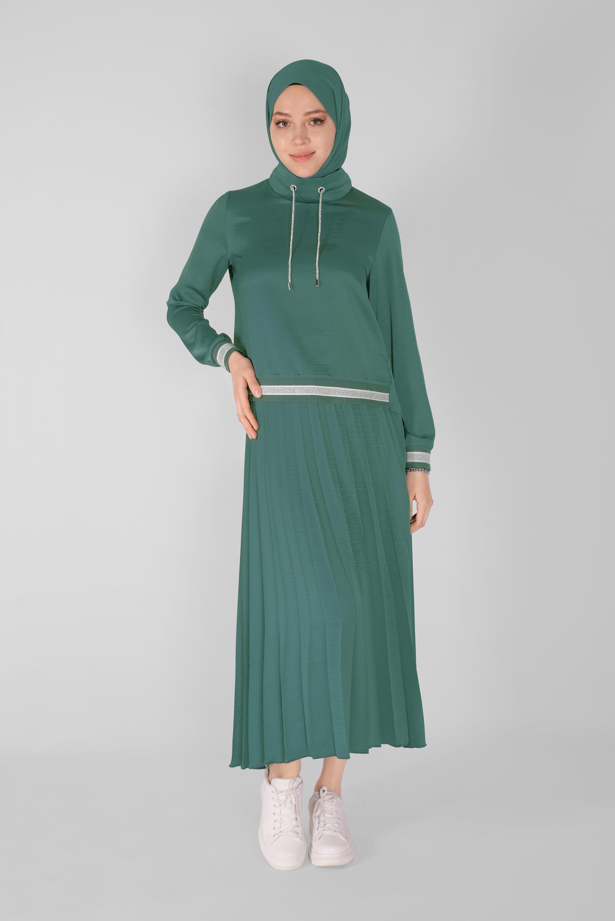 Tesettür giyim MAVİ RİBANA DETAYLI PİLİSE ETEKLİ İKİLİ TAKIM  41539